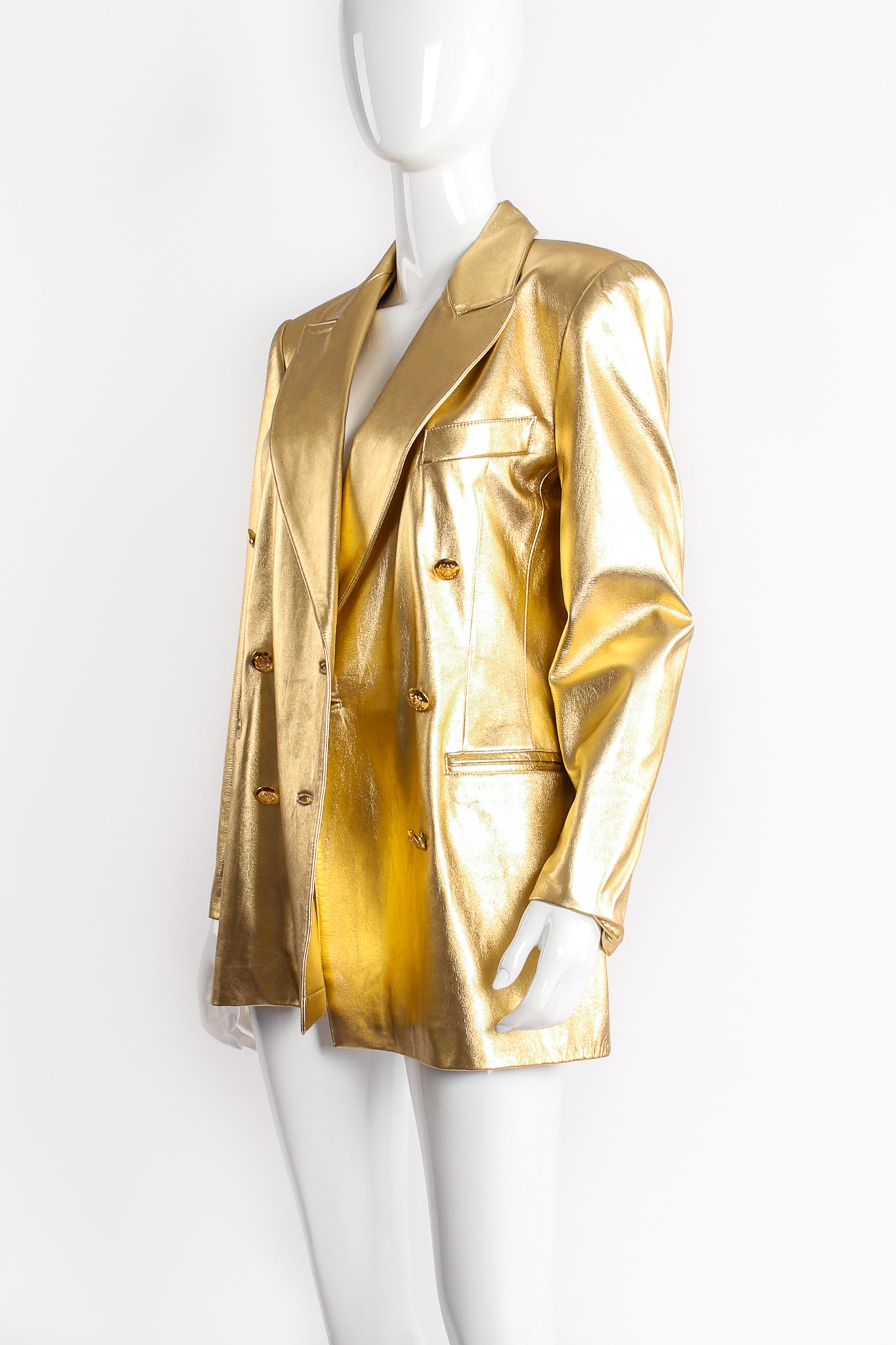 Vintage Escada Gold Leather Double Breasted Jacket on mannequin angle at Recess Los Angeles