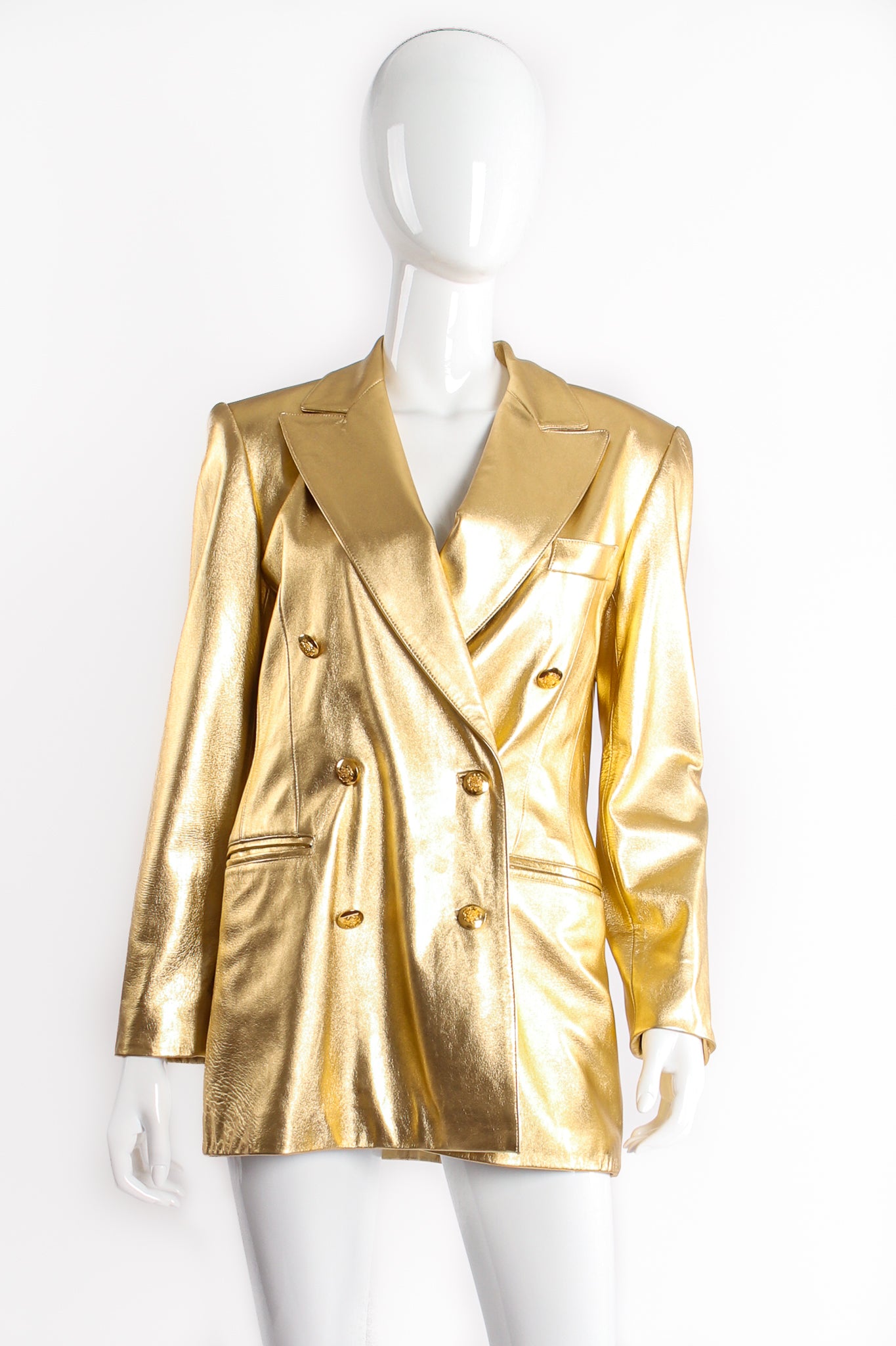 Vintage Escada Gold Leather Double Breasted Jacket on mannequin front at Recess Los Angeles