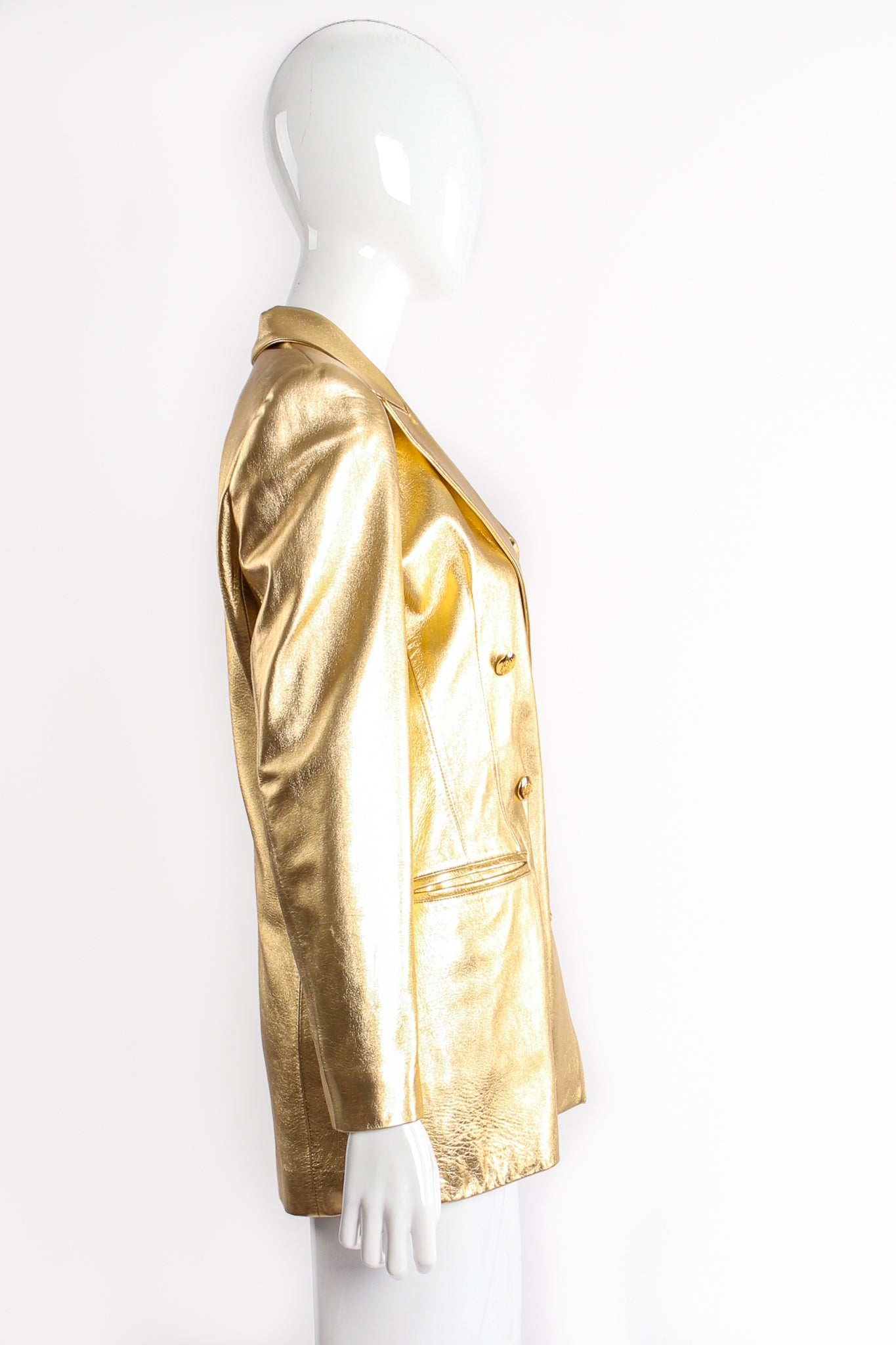 Vintage Escada Gold Leather Double Breasted Jacket on mannequin side at Recess Los Angeles