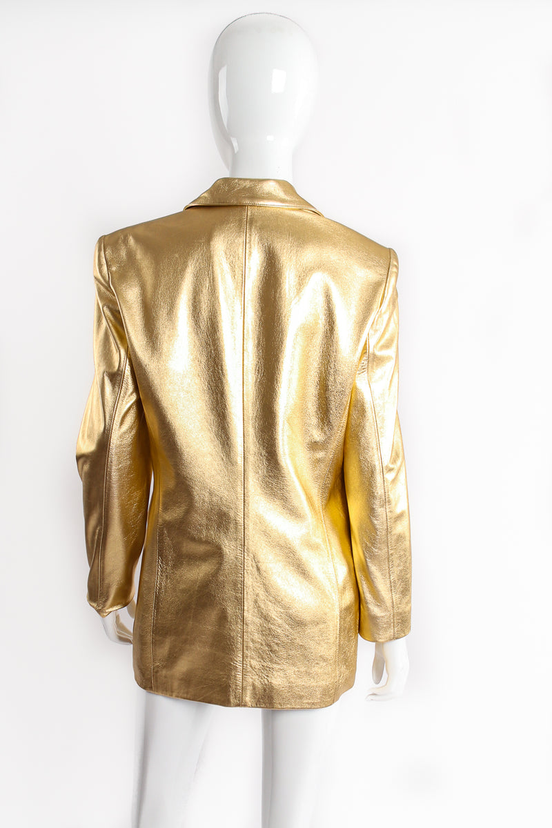 Vintage Escada Gold Leather Double Breasted Jacket on mannequin back at Recess Los Angeles