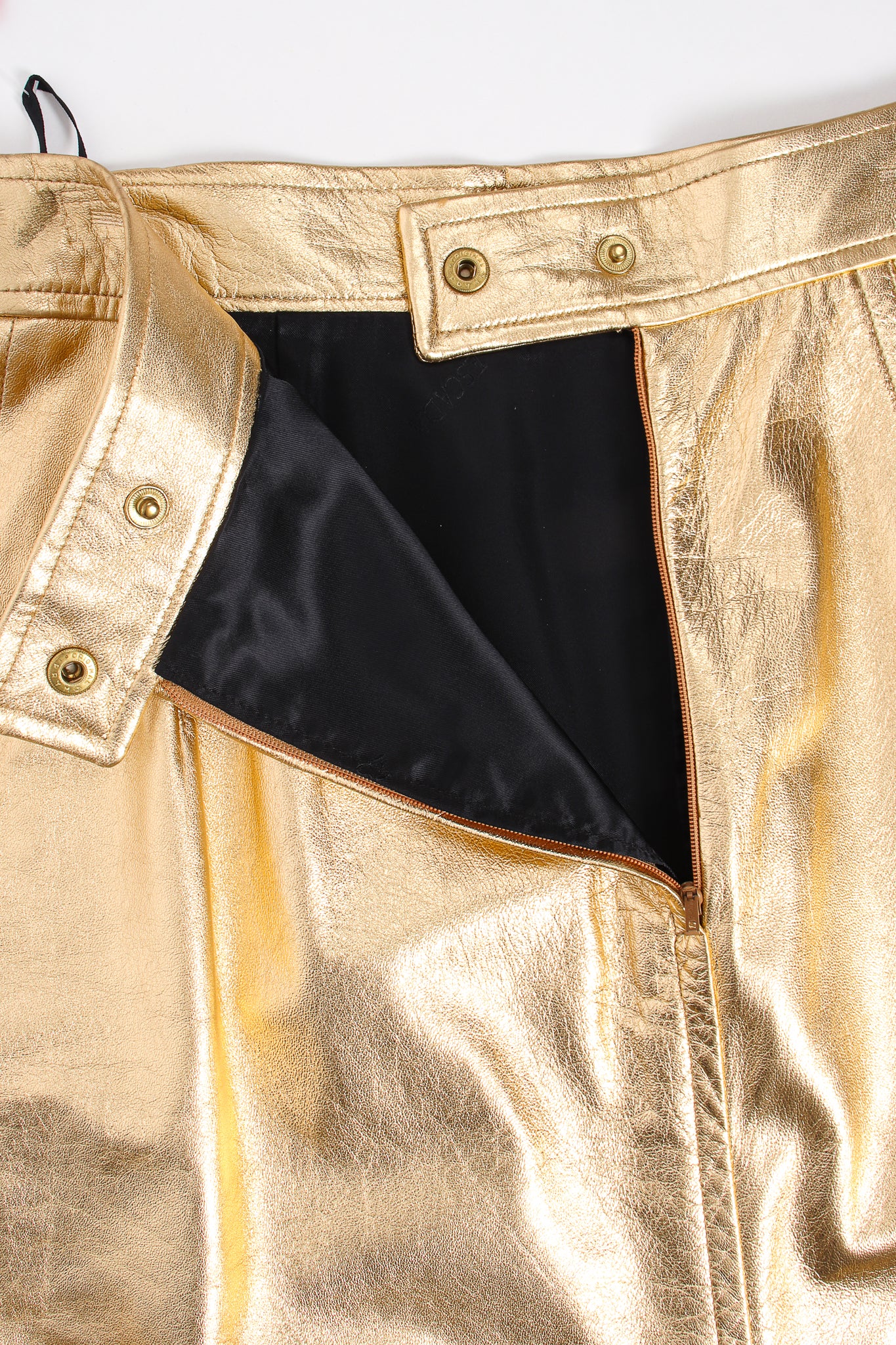 Vintage Escada Gold Leather Lamé Skirt back zipper at Recess Los Angeles