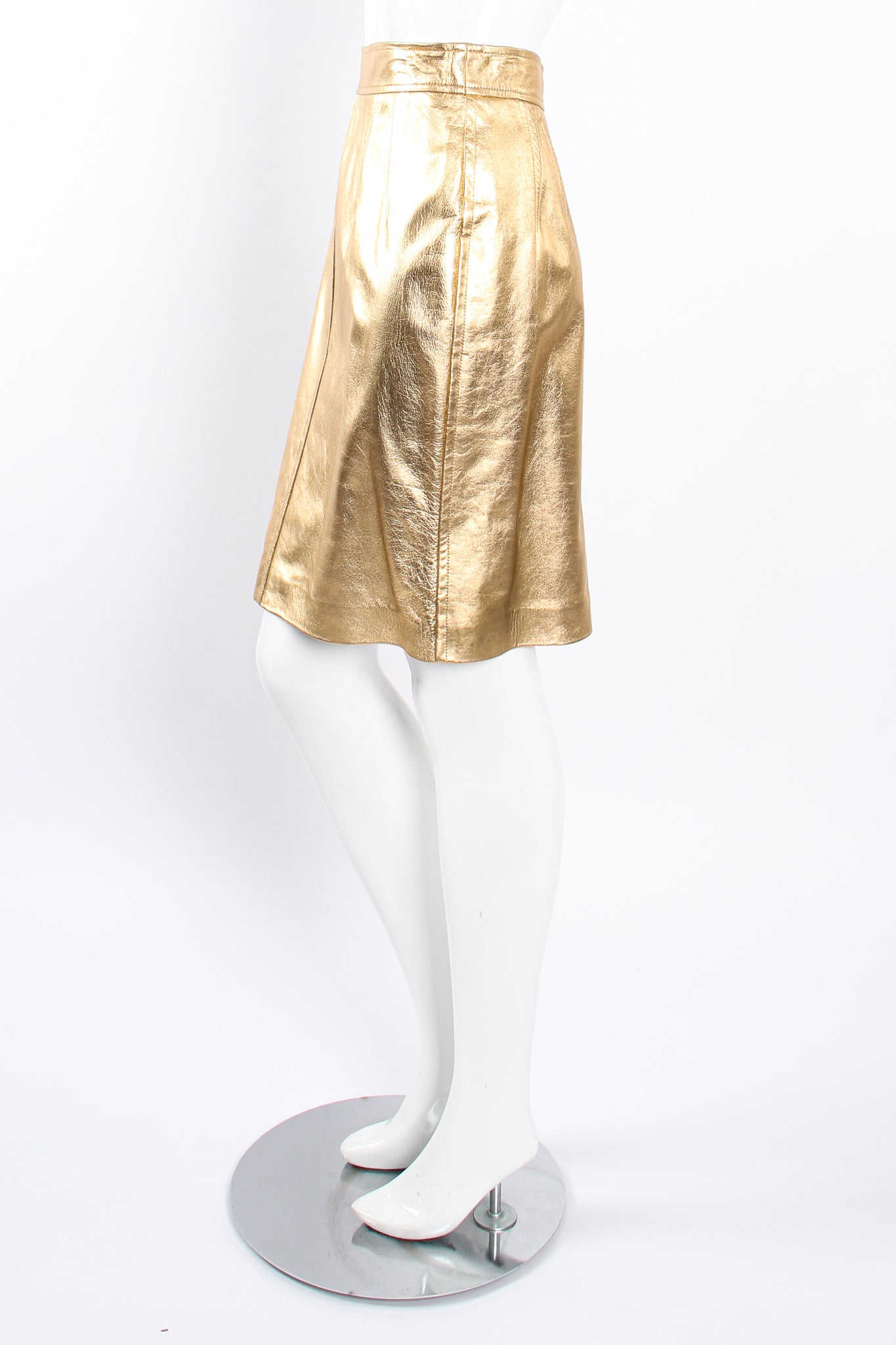 Vintage Escada Gold Leather Lamé Skirt on Mannequin side at Recess Los Angeles