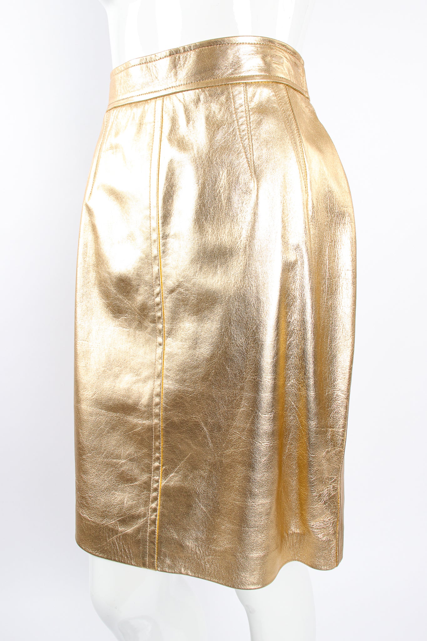 Vintage Escada Gold Leather Lamé Skirt on Mannequin front crop at Recess Los Angeles