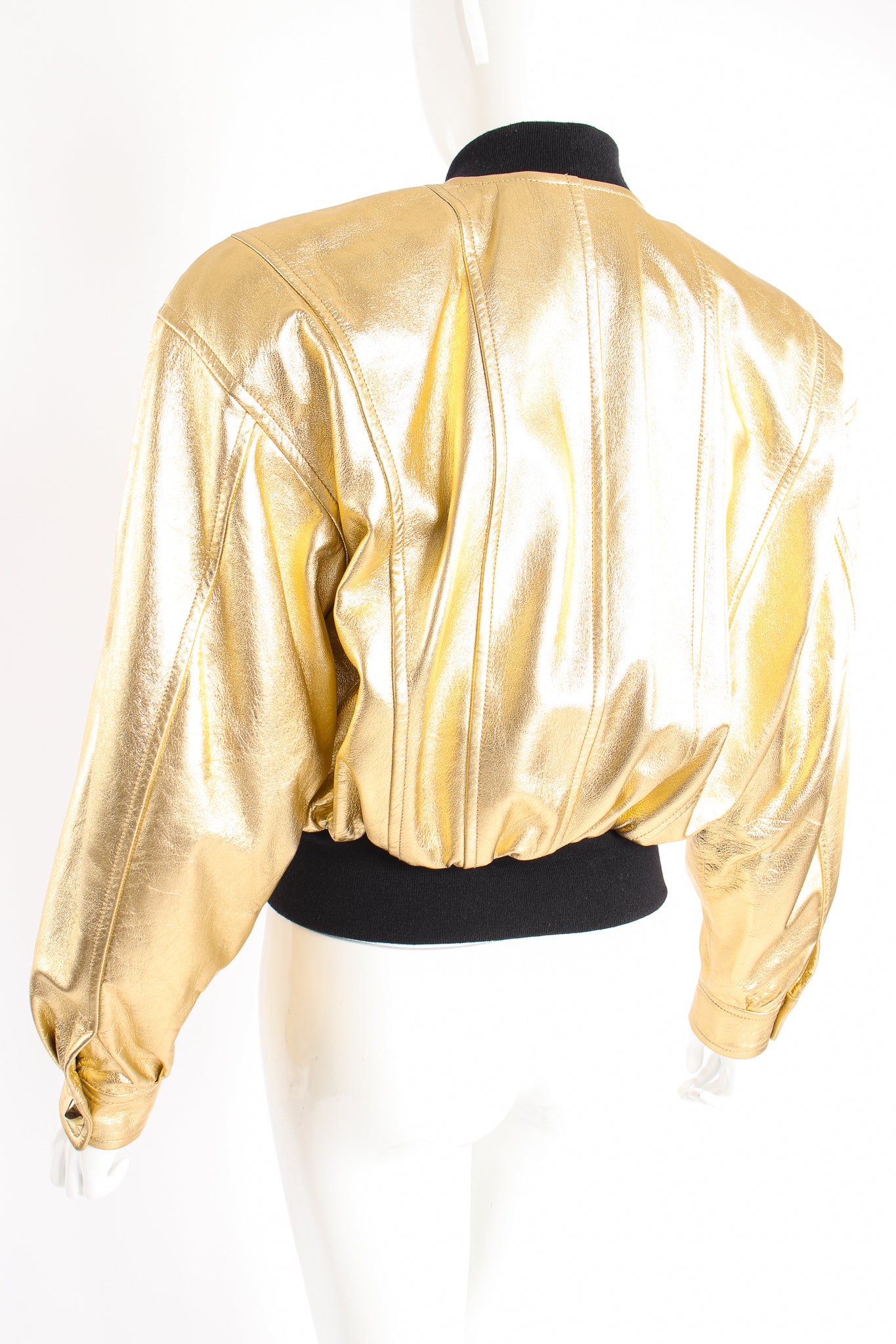 Vintage Escada Gold Star Leather Bomber Jacket on Mannequin angle at Recess Los Angeles