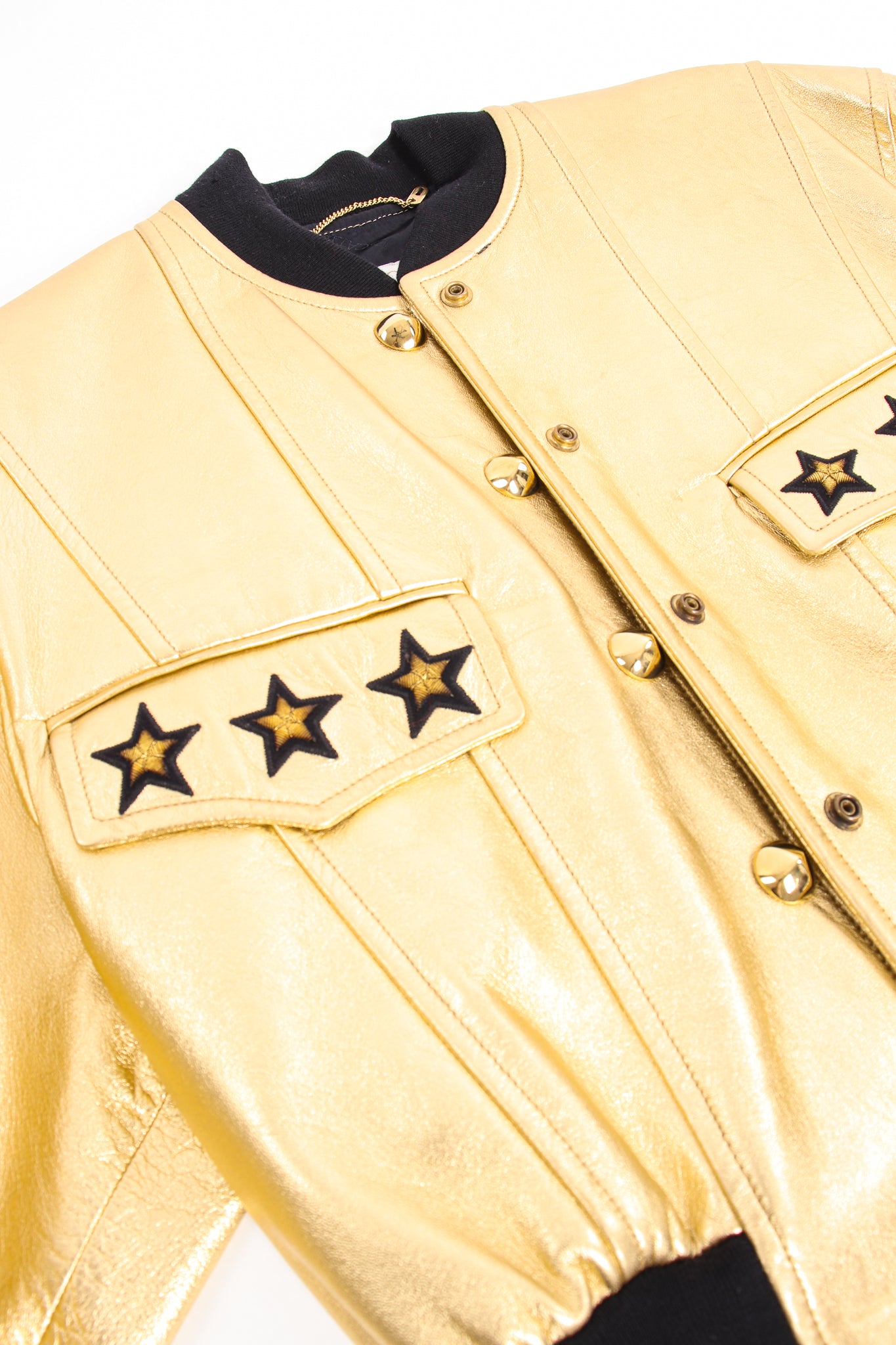 Vintage Escada Gold Star Leather Bomber Jacket pocket at Recess Los Angeles