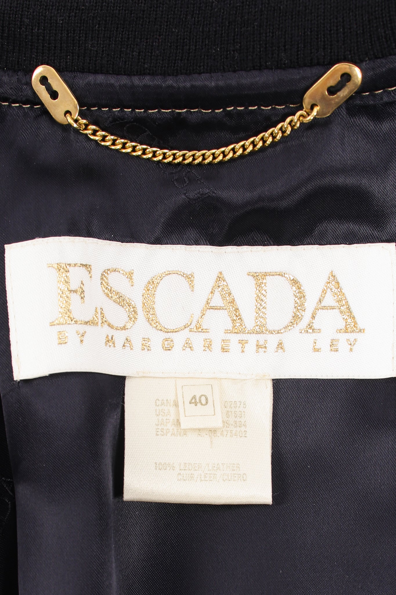 Vintage Escada Gold Star Leather Bomber Jacket label at Recess Los Angeles