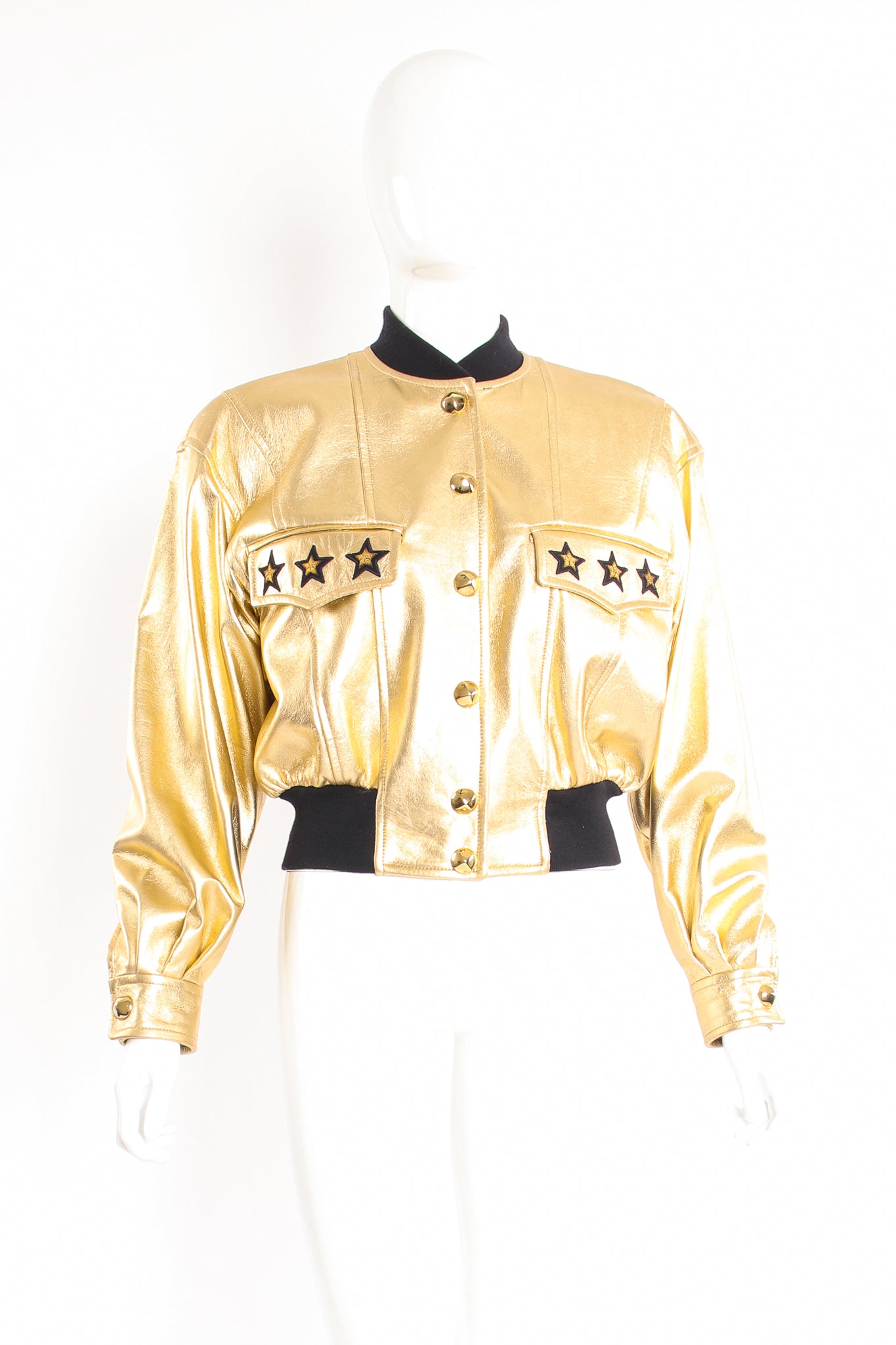 Vintage Escada Gold Star Leather Bomber Jacket on Mannequin front at Recess Los Angeles