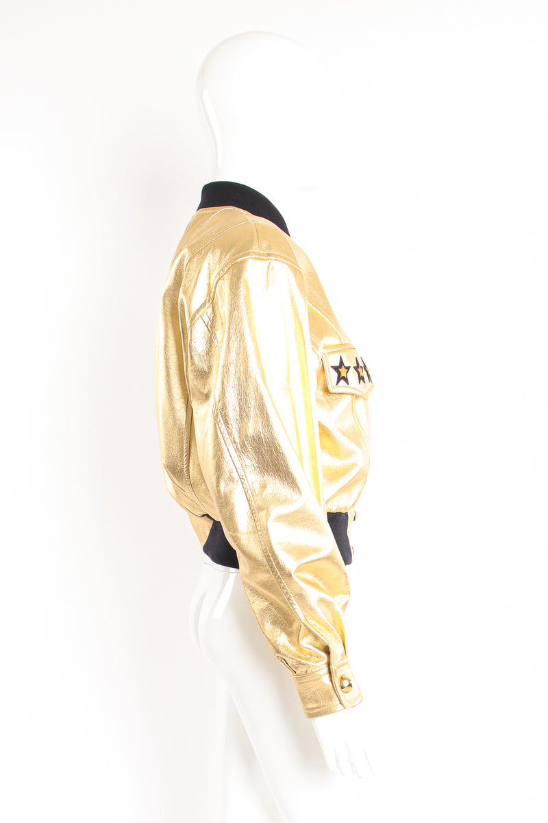 Vintage Escada Gold Star Leather Bomber Jacket on Mannequin side at Recess Los Angeles