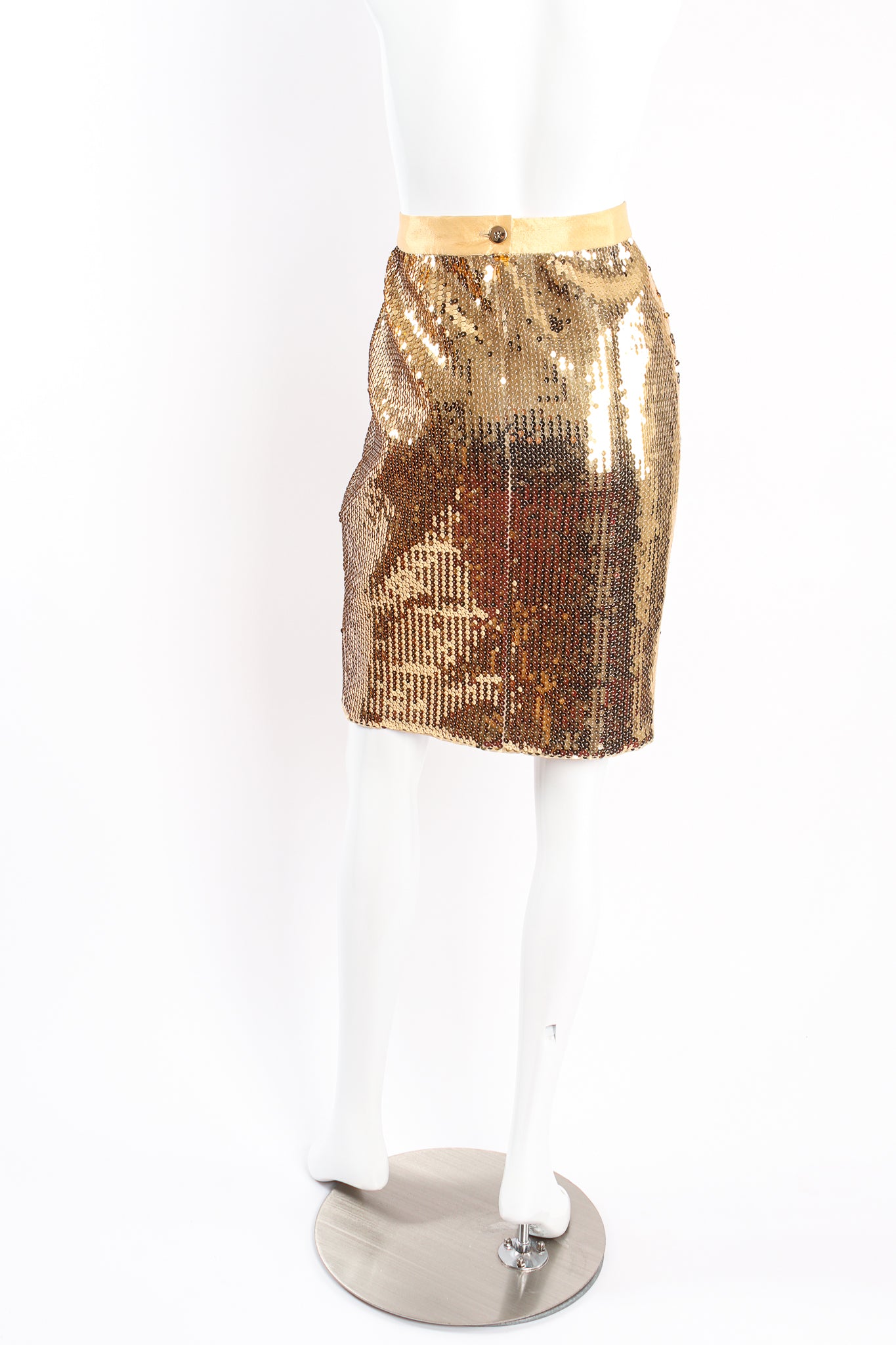 Vintage Escada Gold Disco Sequined Skirt Set on mannequin back at Recess Los Angeles