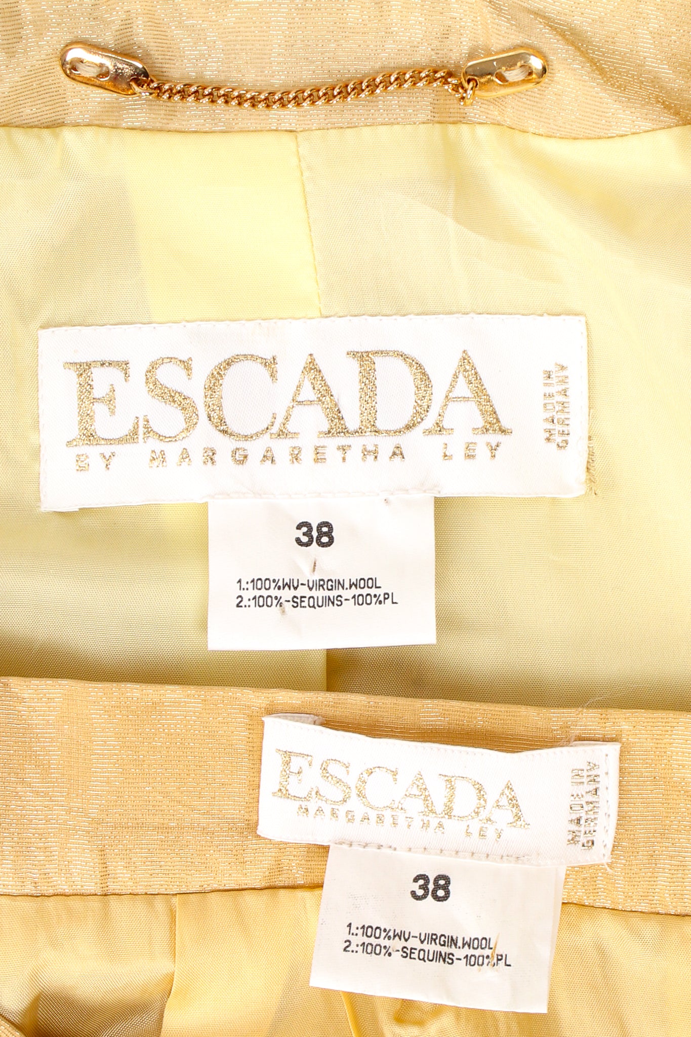 Vintage Escada Gold Disco Sequined Jacket & Skirt Set labels at Recess Los Angeles