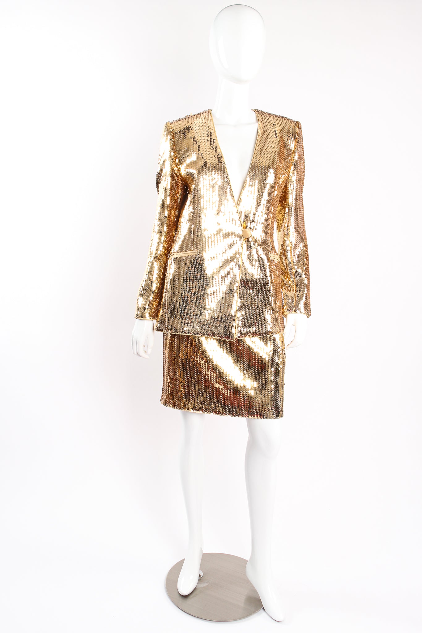 Vintage Escada Gold Disco Sequined Jacket & Skirt Set on mannequin front at Recess Los Angeles