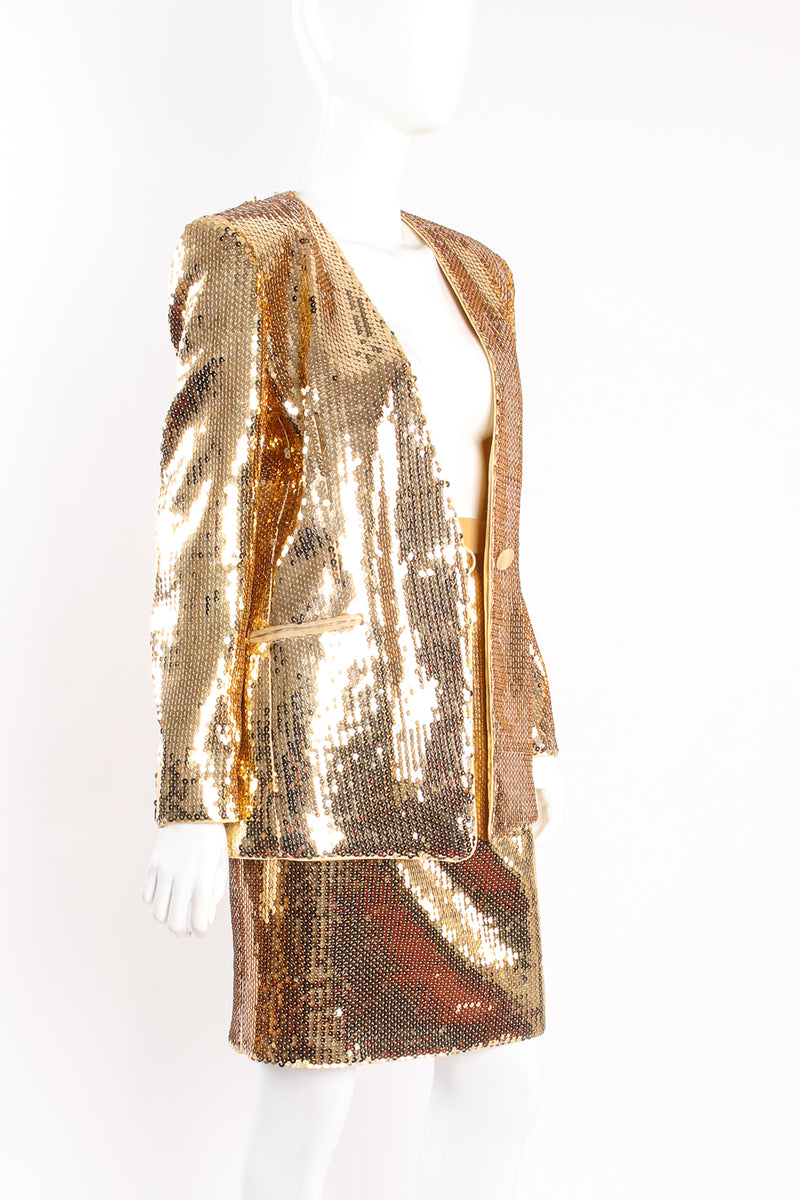 Vintage Escada Gold Disco Sequined Jacket & Skirt Set on mannequin open at Recess Los Angeles