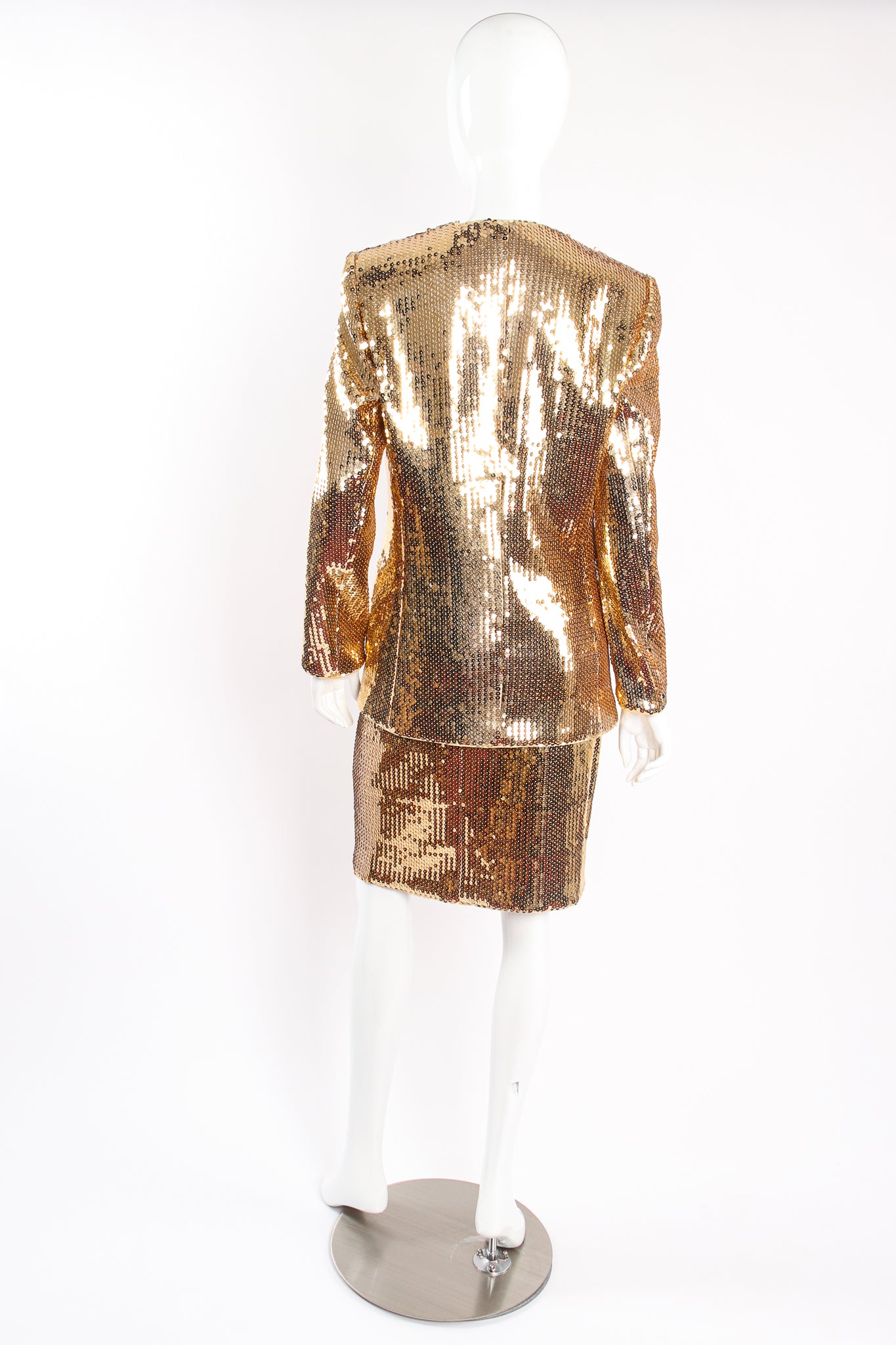 Vintage Escada Gold Disco Sequined Jacket & Skirt Set on mannequin back at Recess Los Angeles