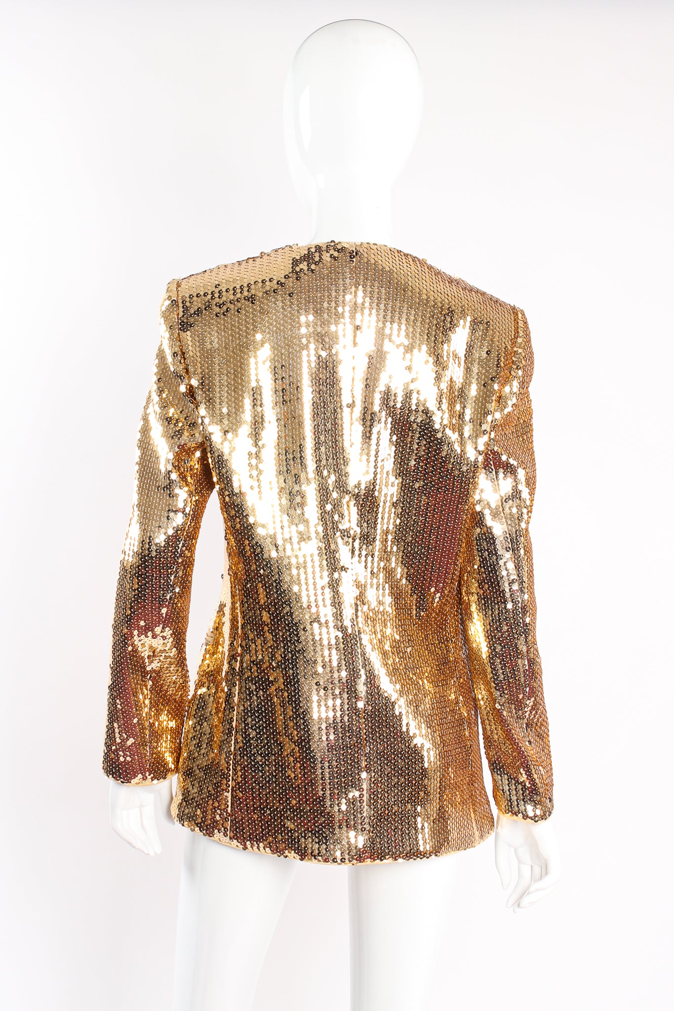 Vintage Escada Gold Disco Sequined Jacket Set on mannequin back at Recess Los Angeles
