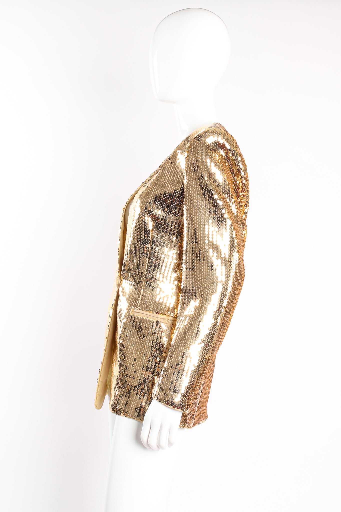 Vintage Escada Gold Disco Sequined Jacket Set on mannequin side at Recess Los Angeles