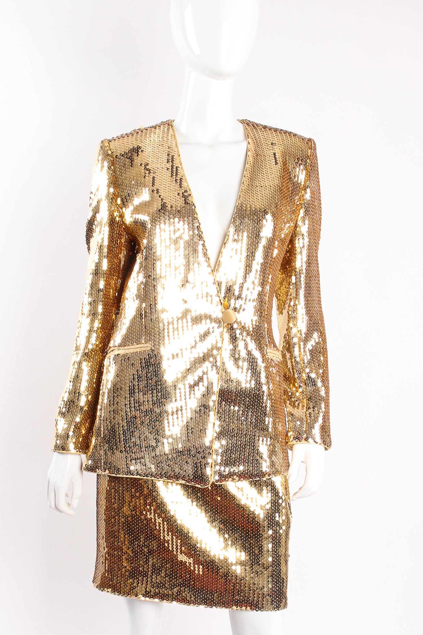 Vintage Escada Gold Disco Sequined Jacket & Skirt Set on mannequin crop at Recess Los Angeles