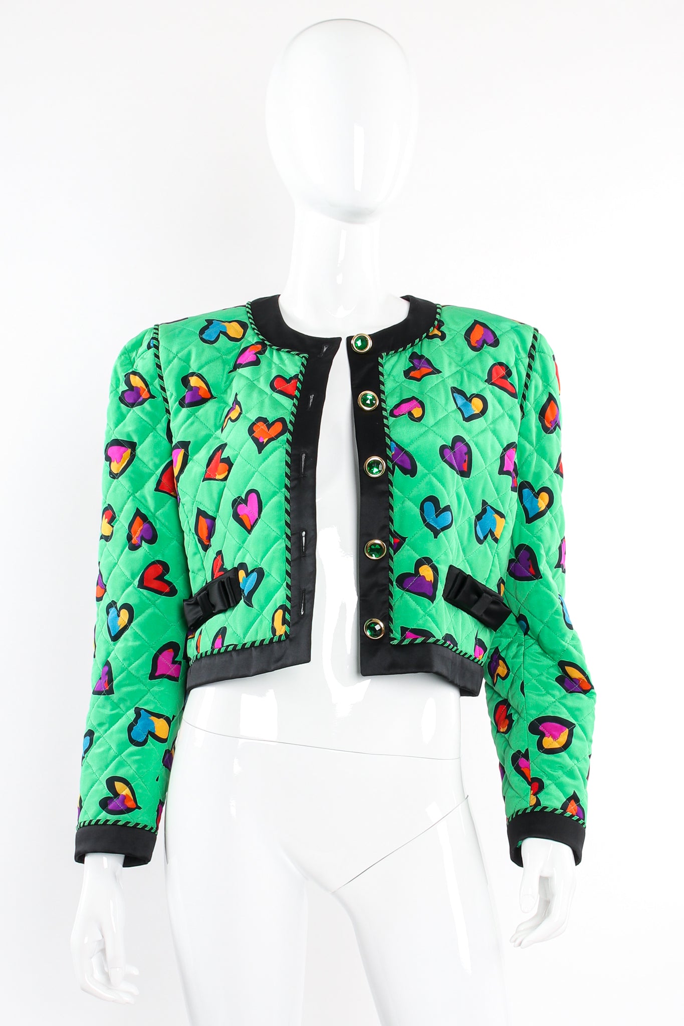 Vintage Escada Quilted Graffiti Heart Print Jacket on Mannequin open at Recess LA