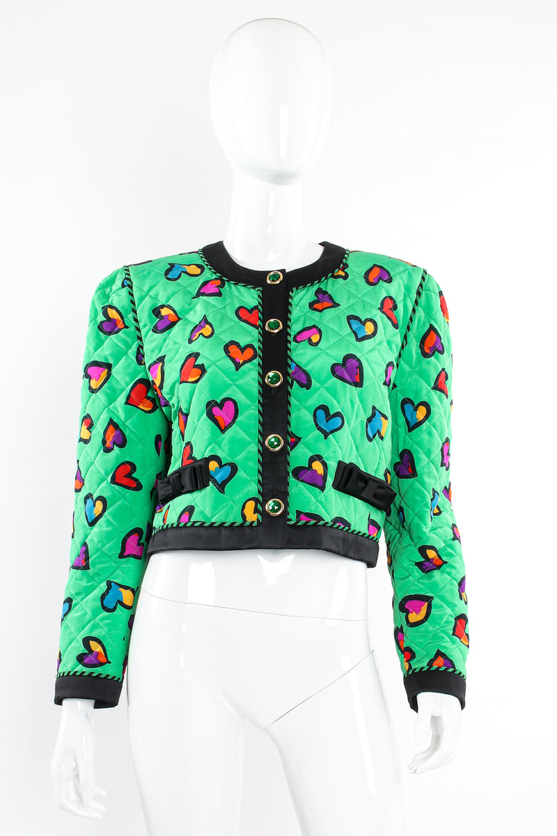 Vintage Escada Quilted Graffiti Heart Print Jacket on Mannequin front at Recess LA