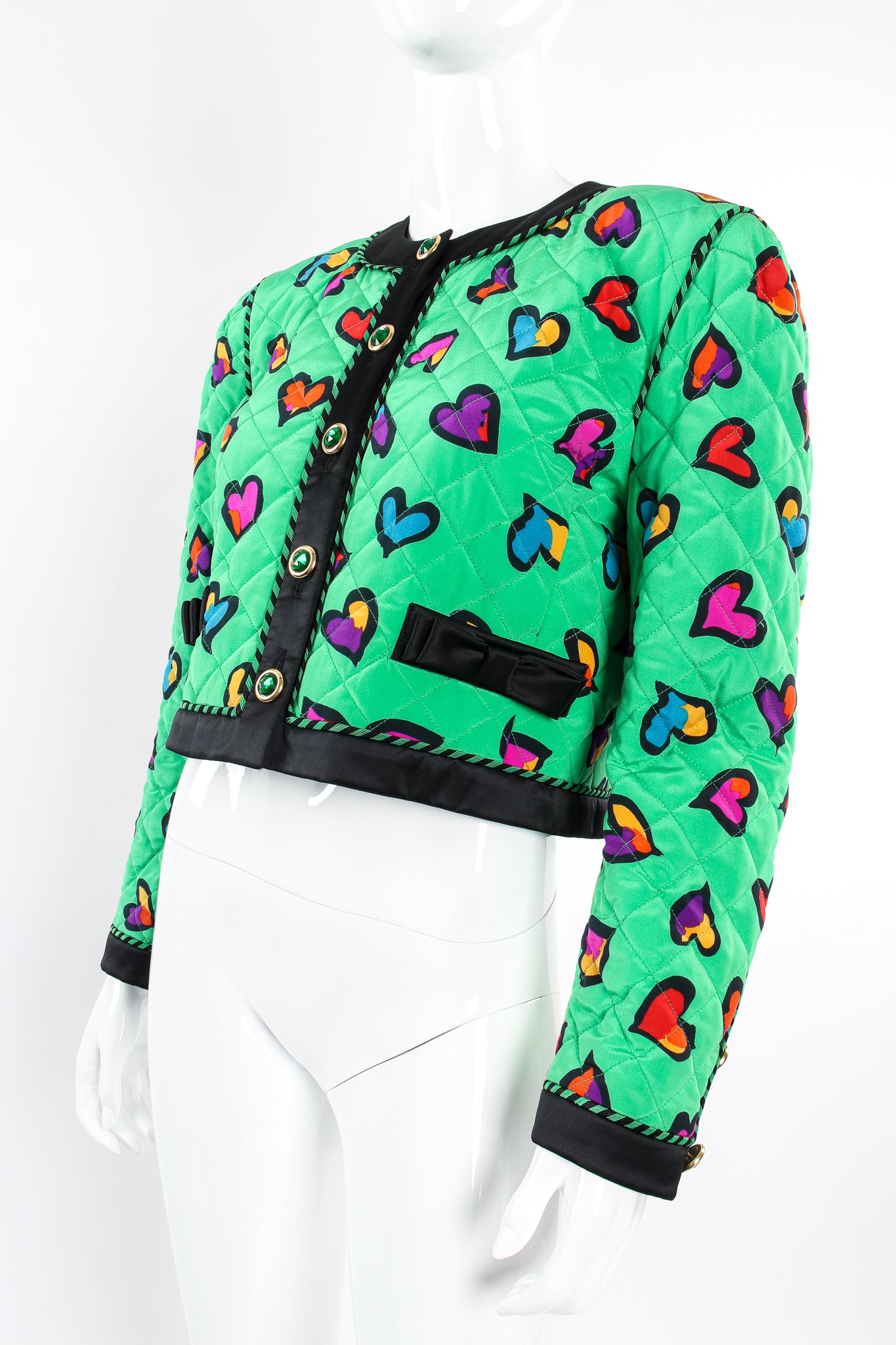 Vintage Escada Quilted Graffiti Heart Print Jacket on Mannequin front angle at Recess LA