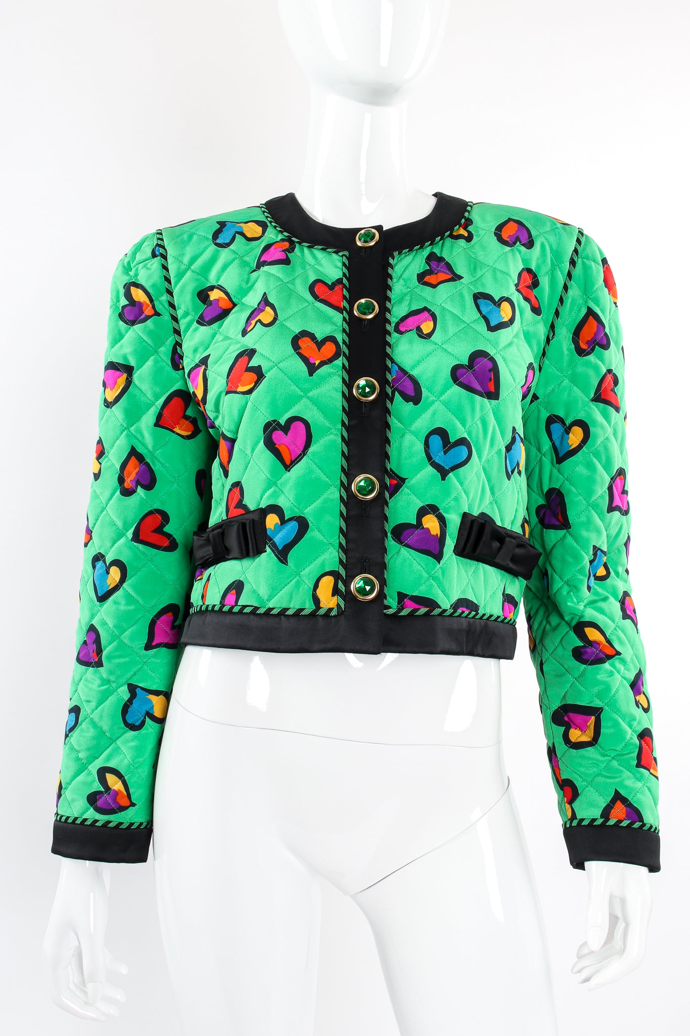 Vintage Escada Quilted Graffiti Heart Print Jacket on Mannequin front crop at Recess Los Angeles