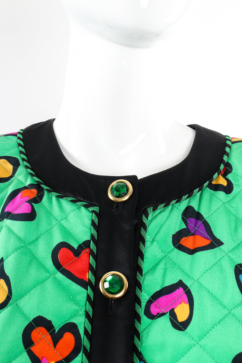Vintage Escada Quilted Graffiti Heart Print Jacket on Mannequin neck at Recess Los Angeles