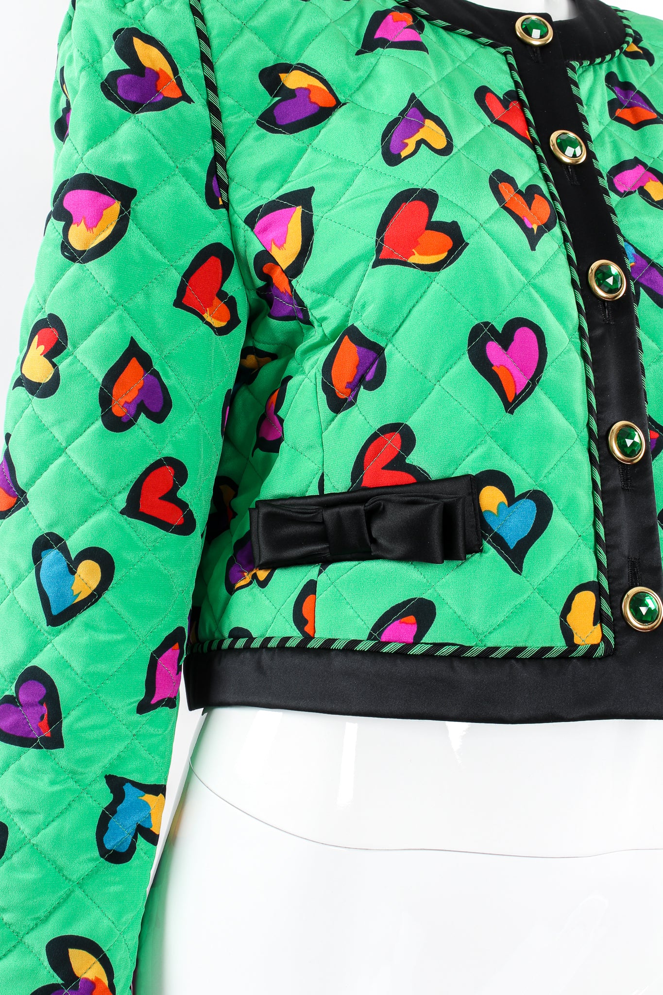 Vintage Escada Quilted Graffiti Heart Print Jacket on Mannequin pocket at Recess Los Angeles