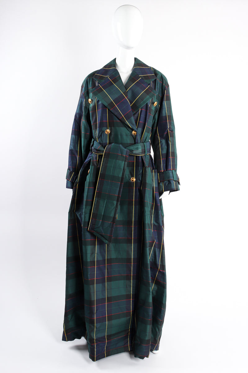 Vintage Escada Plaid Silk Taffeta Opera Trench Coat Duster on mannequin front at Recess Los Angeles