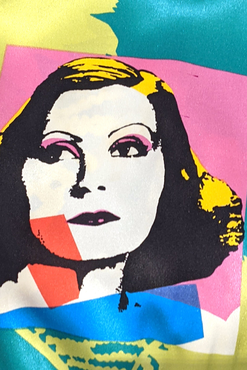 Vintage Escada Satin Silent Film Pop Art Shirt stain at Recess Los Angeles