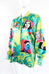 Vintage Escada Satin Silent Film Pop Art Shirt on Mannequin front angle at Recess Los Angeles