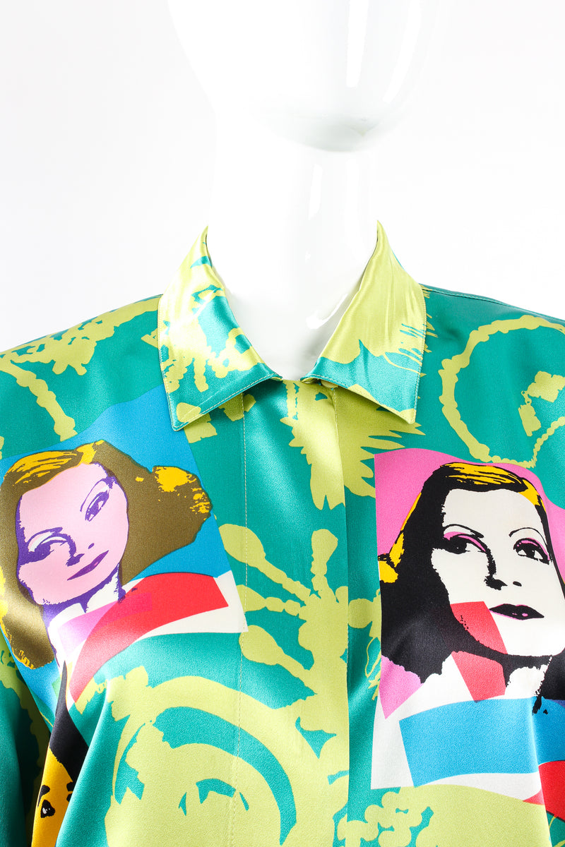 Vintage Escada Satin Silent Film Pop Art Shirt on Mannequin collar at Recess Los Angeles