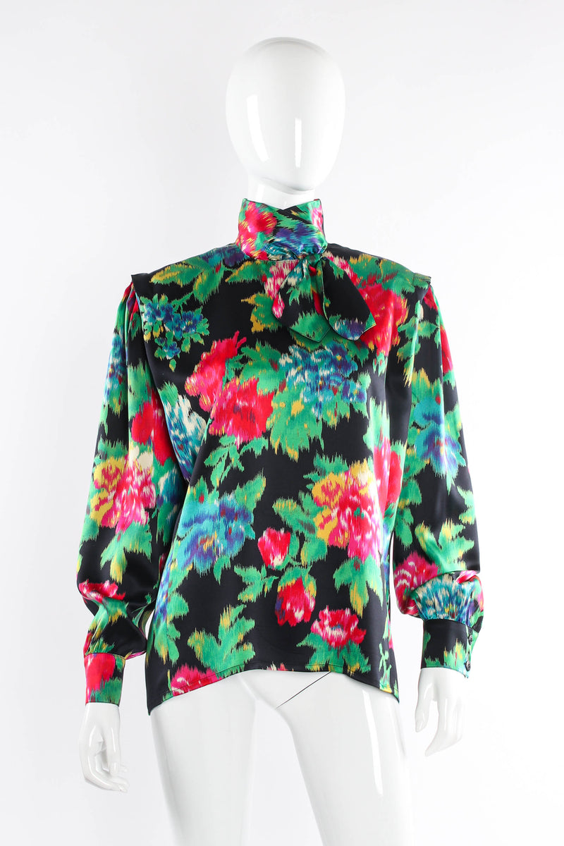 Vintage Escada Floral Ikat Silk Scarf Blouse on Mannequin front at Recess Los Angeles