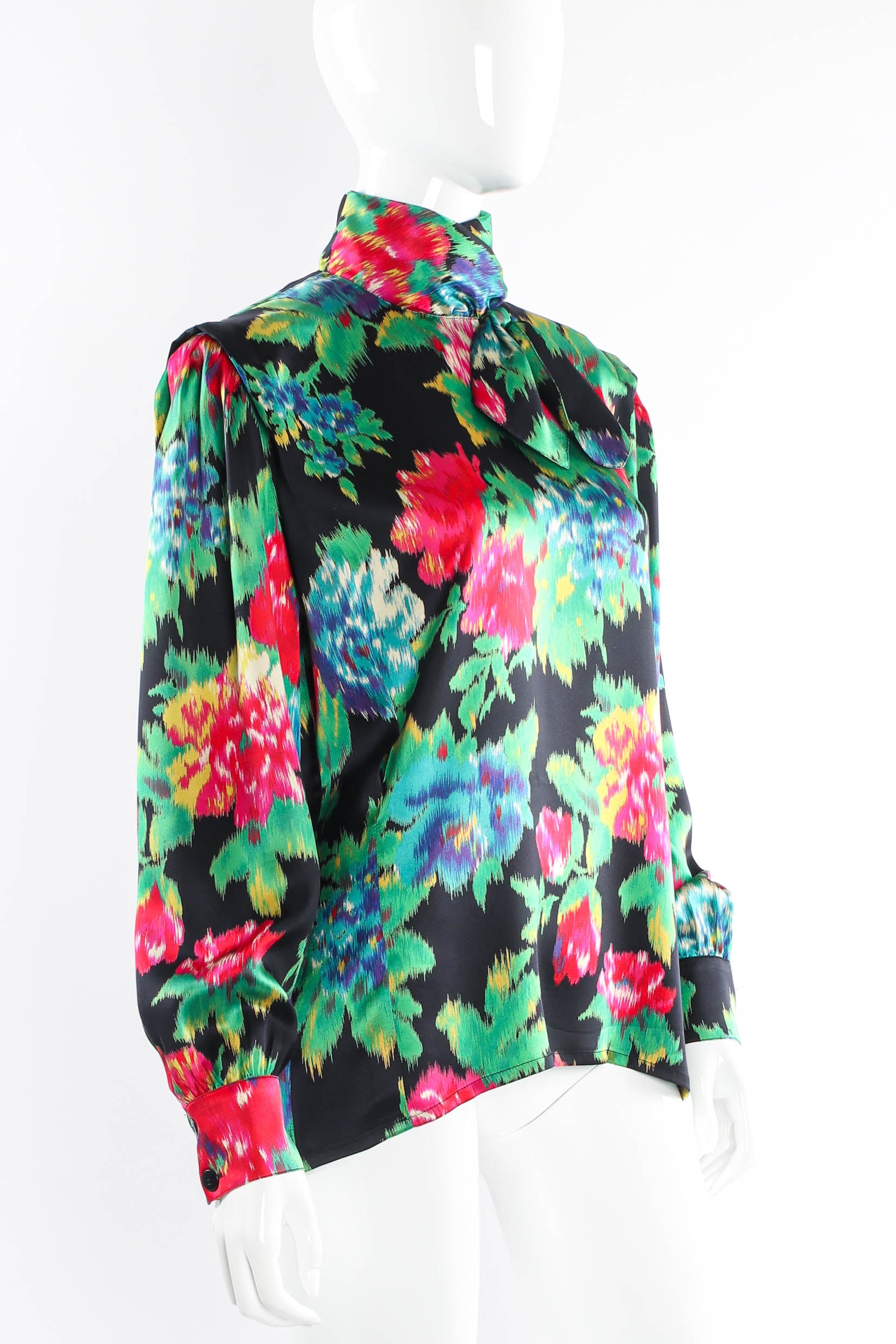 Vintage Escada Floral Ikat Silk Scarf Blouse on Mannequin angle at Recess Los Angeles