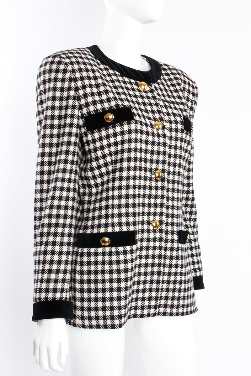 Vintage Escada Collarless Houndstooth Jacket on Mannequin angle at Recess Los Angeles