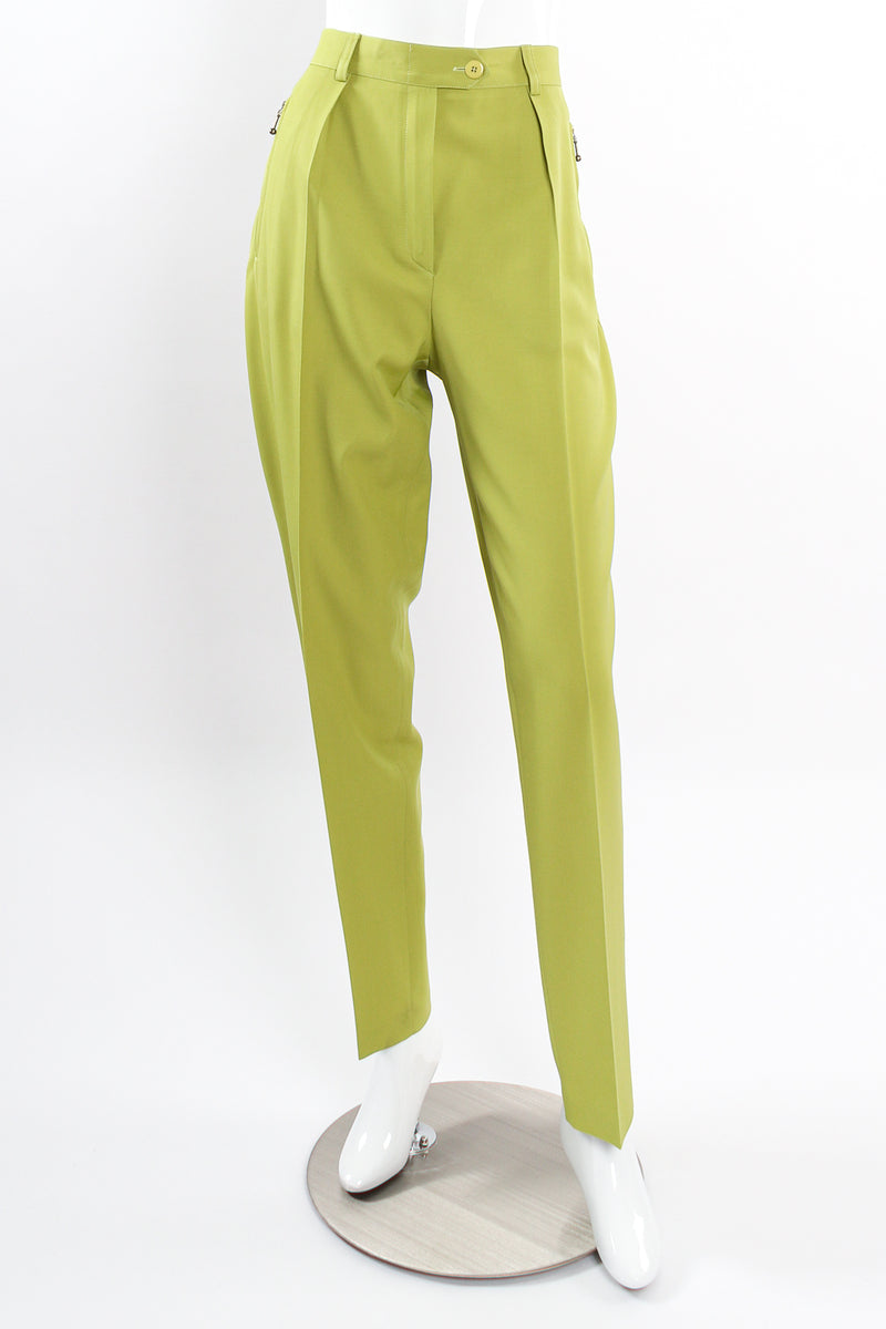 Vintage Escada Lime Tapered Pleat Pant on Mannequin front at Recess Los Angeles