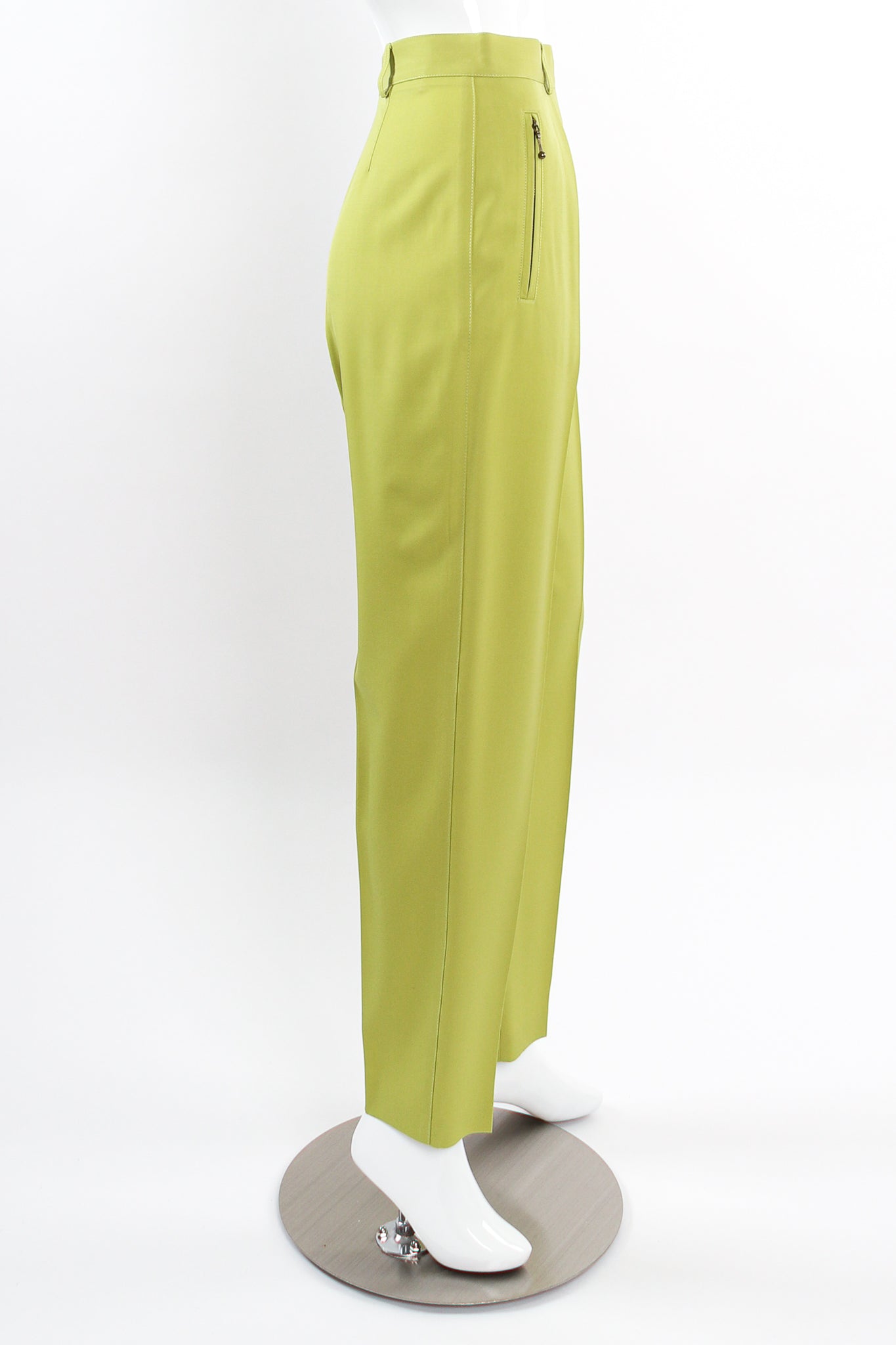 Vintage Escada Lime Tapered Pleat Pant on Mannequin side at Recess Los Angeles