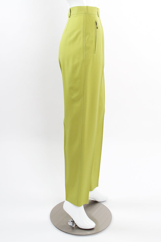 Vintage Escada Lime Tapered Pleat Pant on Mannequin side at Recess Los Angeles