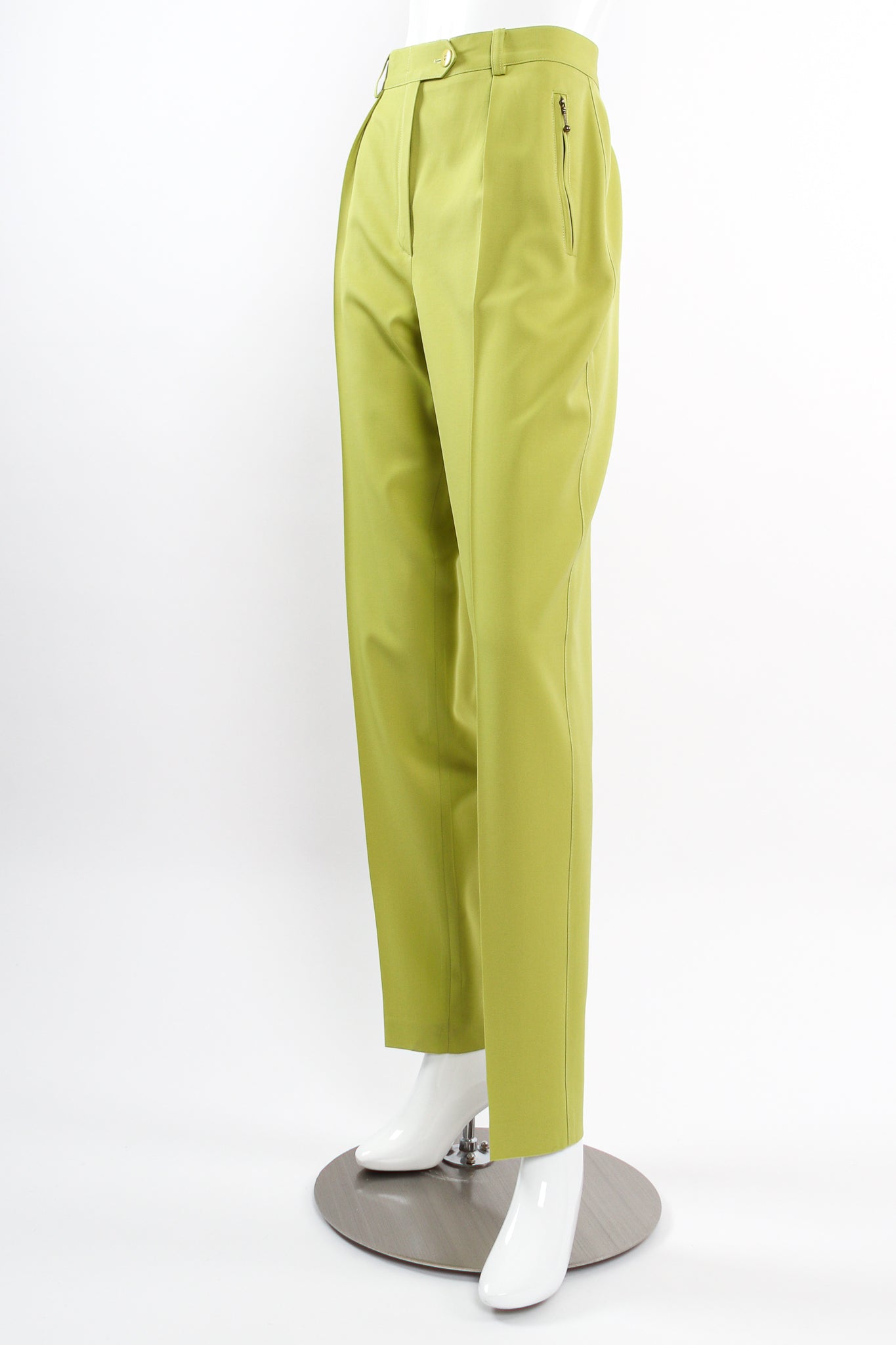 Vintage Escada Lime Tapered Pleat Pant on Mannequin front angle at Recess Los Angeles