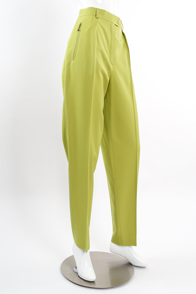 Vintage Escada Lime Tapered Pleat Pant on Mannequin front angle at Recess Los Angeles