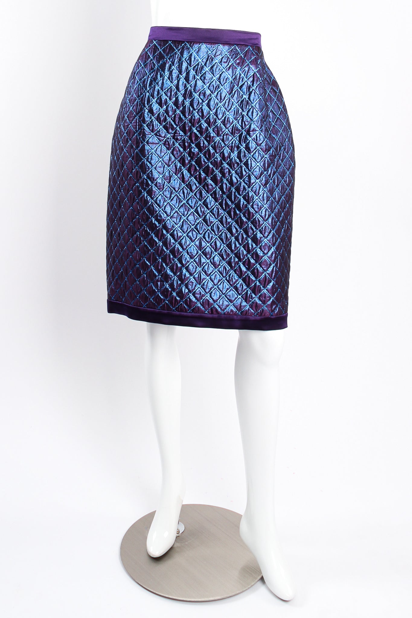Vintage Escada Metallic Quilted Diamond Brocade Skirt Set on mannequin front at Recess Los Angeles