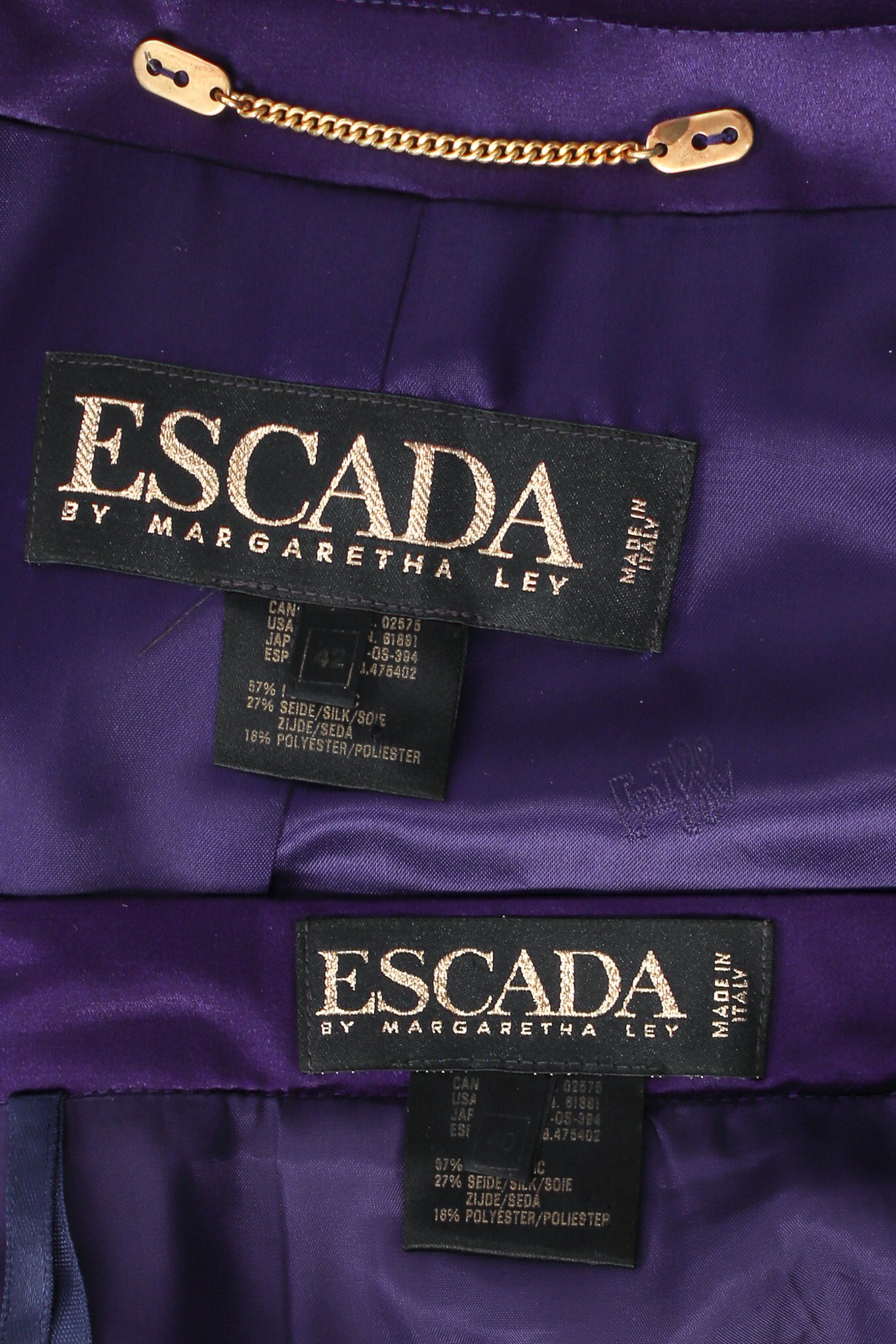 Vintage Escada Metallic Quilted Diamond Brocade Skirt Set labels at Recess Los Angeles