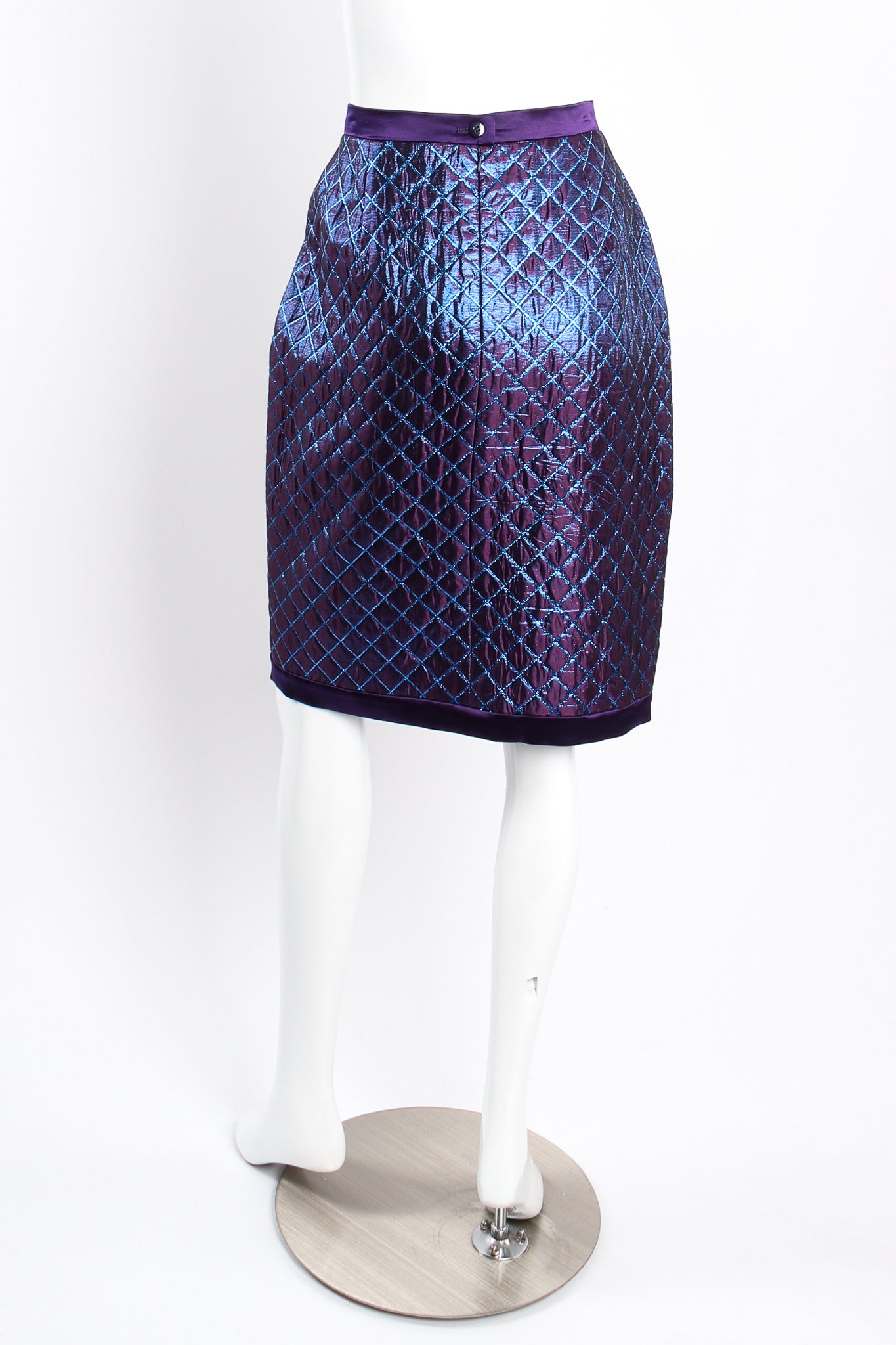 Vintage Escada Metallic Quilted Diamond Brocade Skirt Set on mannequin back at Recess Los Angeles