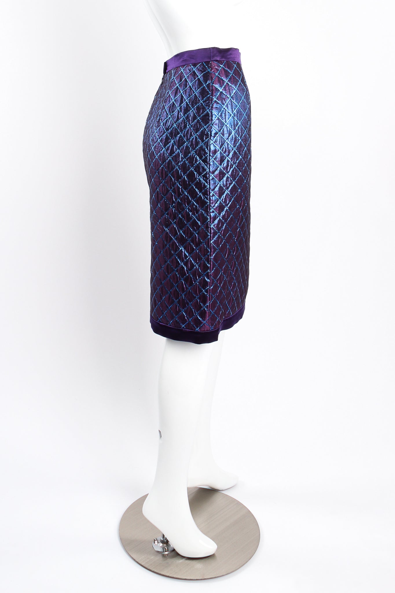 Vintage Escada Metallic Quilted Diamond Brocade Skirt Set on mannequin side at Recess Los Angeles