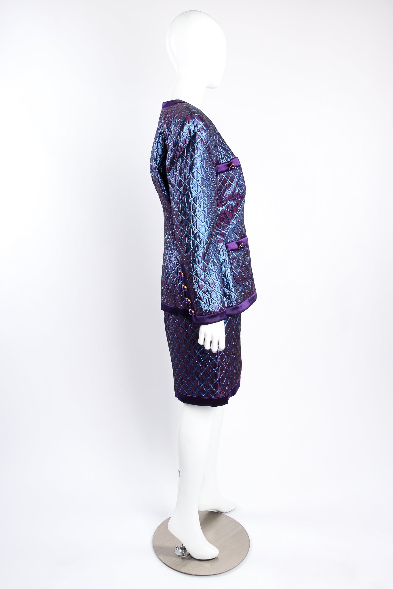 Vintage Escada Metallic Quilted Diamond Brocade Jacket & Skirt Set on mannequin side at Recess Los Angeles