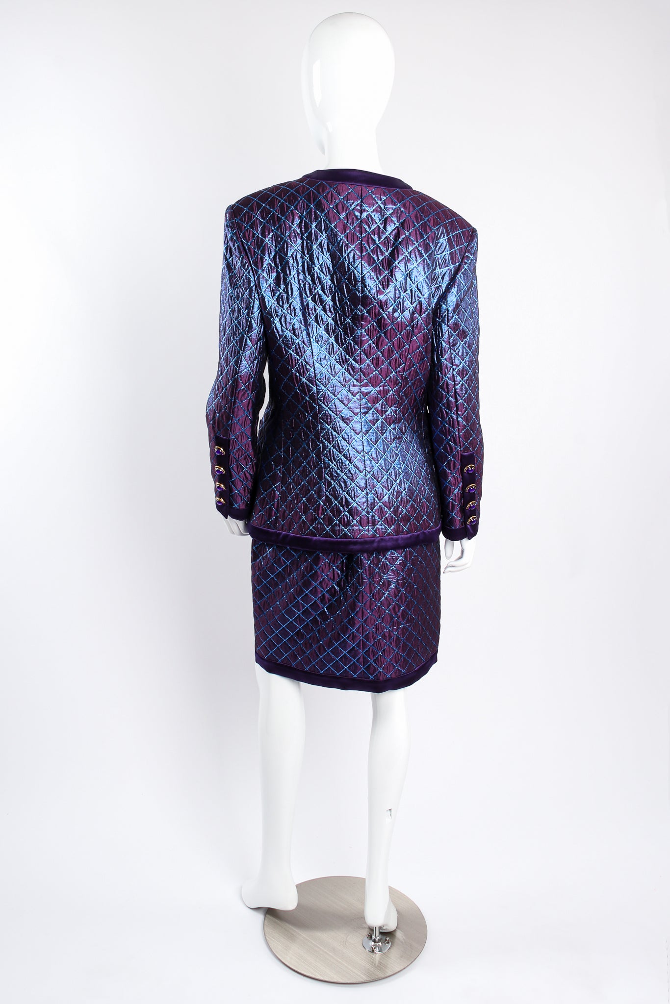 Vintage Escada Metallic Quilted Diamond Brocade Jacket & Skirt Set on mannequin back at Recess Los Angeles
