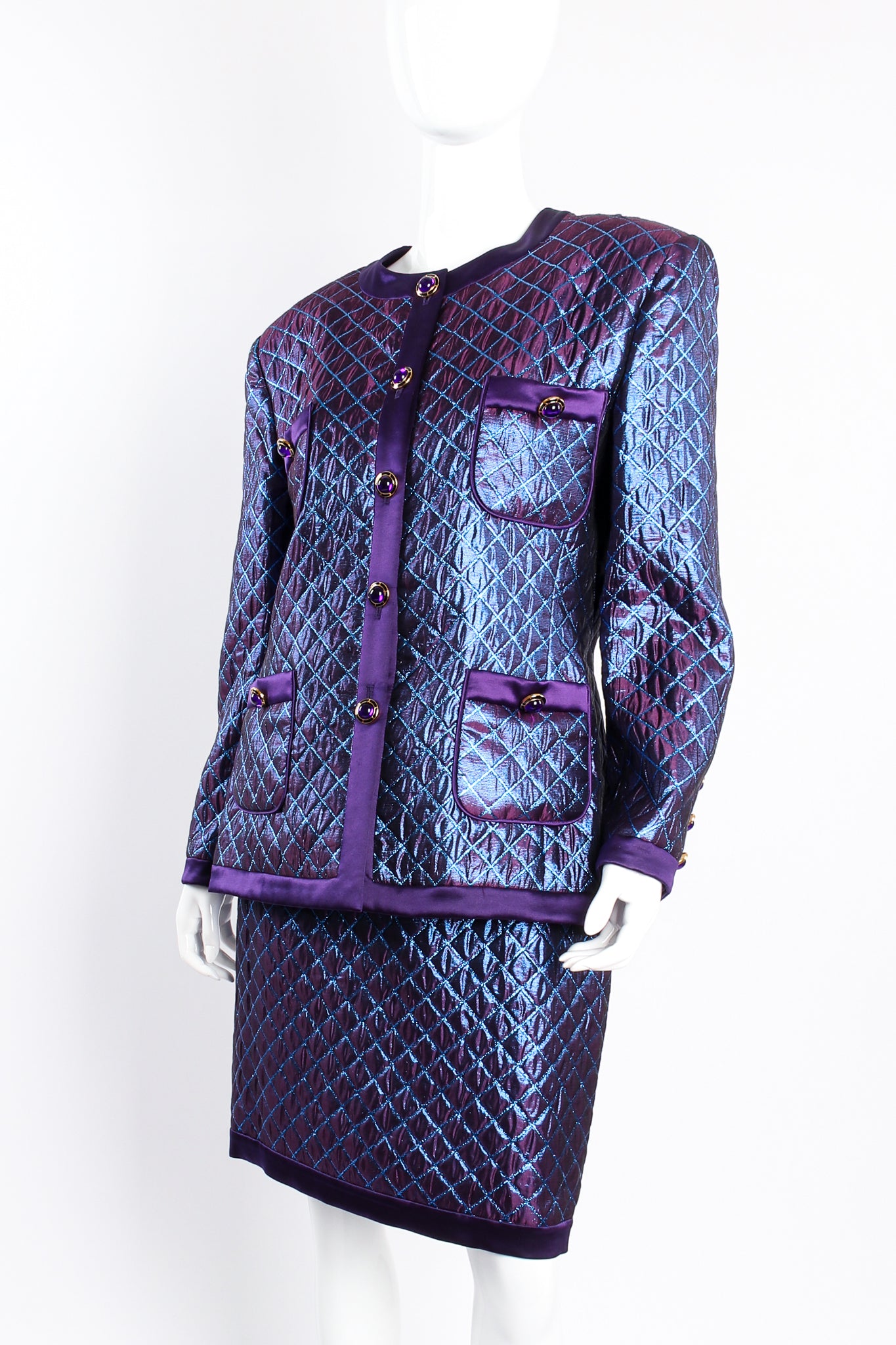 Vintage Escada Metallic Quilted Diamond Brocade Jacket & Skirt Set on mannequin crop at Recess Los Angeles