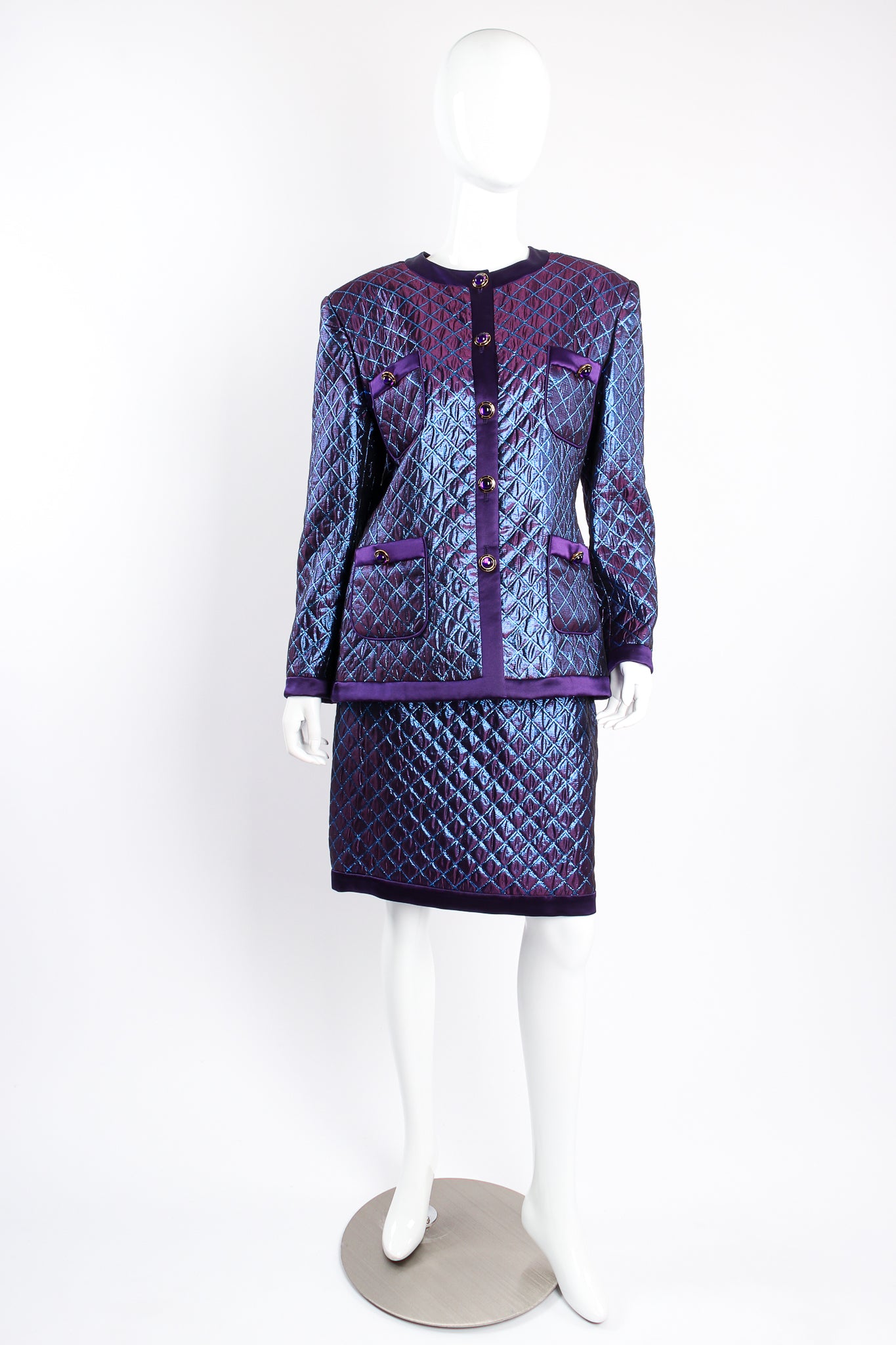 Vintage Escada Metallic Quilted Diamond Brocade Jacket & Skirt Set on mannequin front at Recess Los Angeles