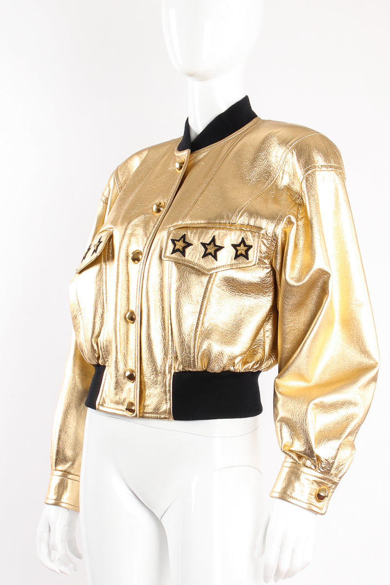 Vintage Escada Gold Star Leather Bomber Jacket on mannequin angle at Recess Los Angeles