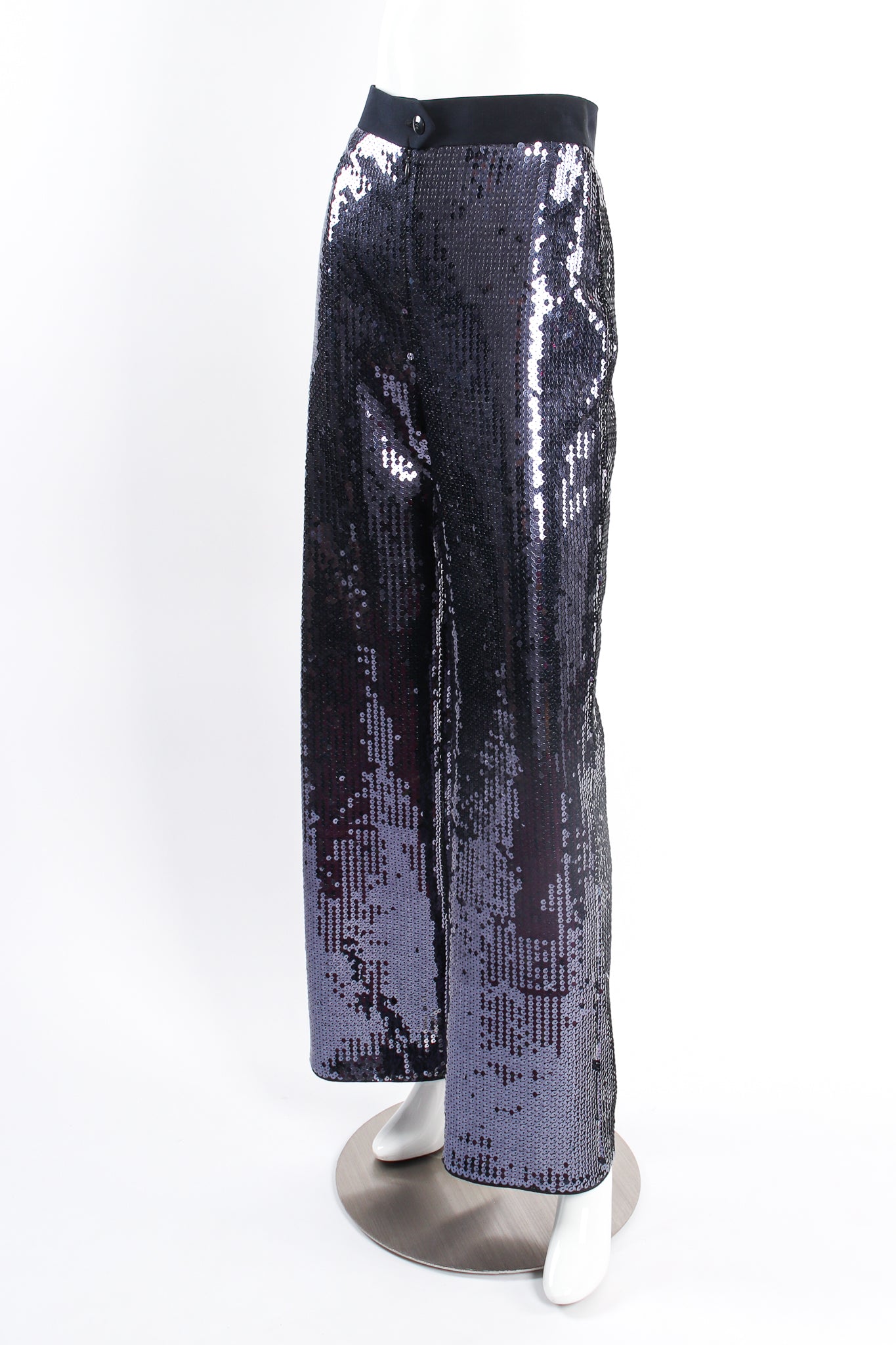 Vintage Escada Midnight Sequin Wide Leg Pant on mannequin angle at Recess Los Angeles
