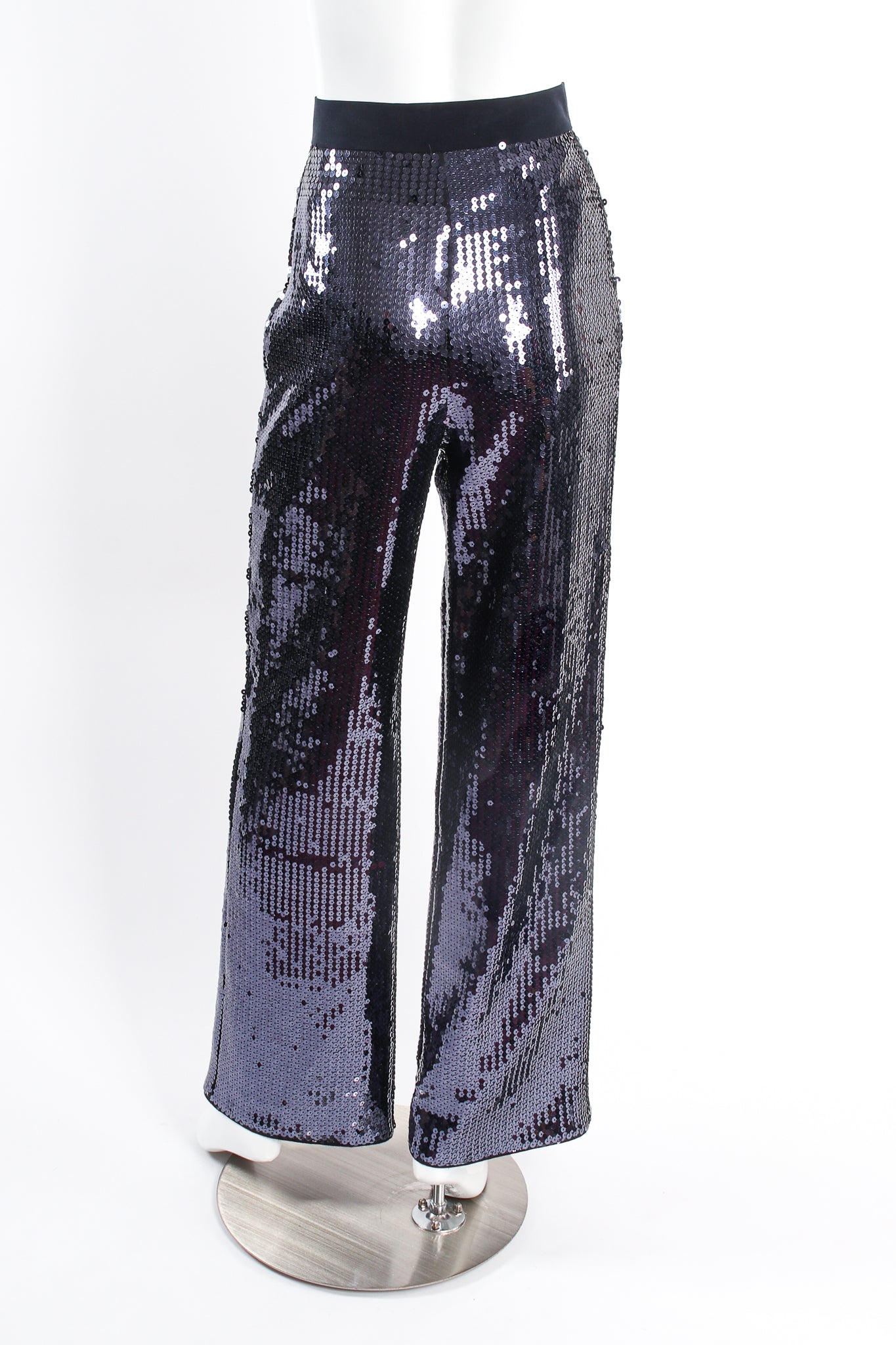 Vintage Escada Midnight Sequin Wide Leg Pant on mannequin back at Recess Los Angeles