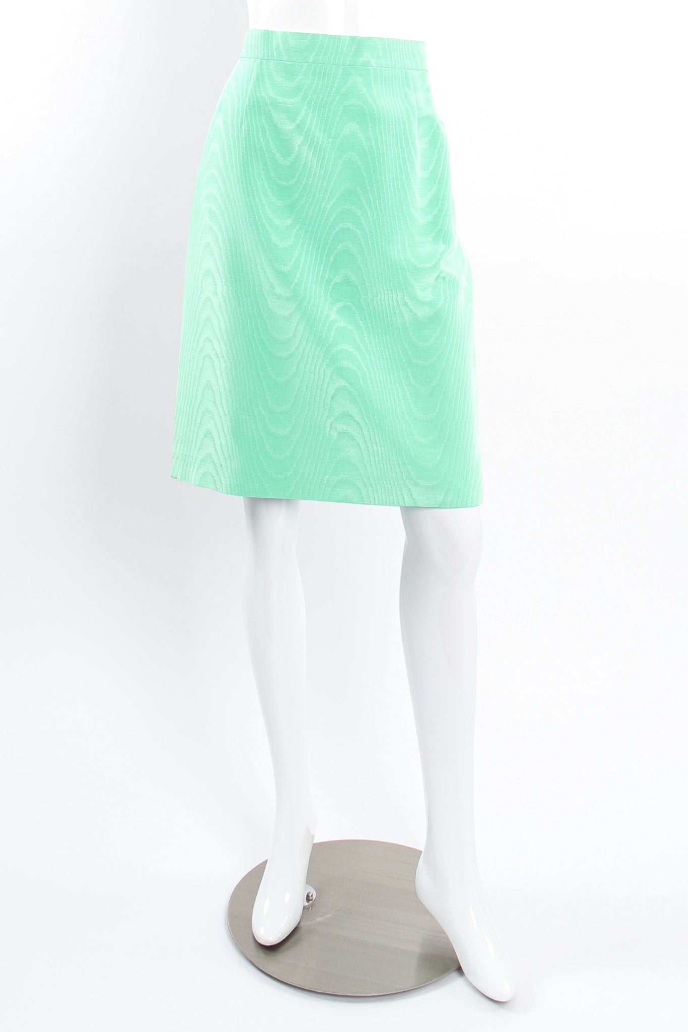 Vintage Escada Mint Moiré Jacket & Skirt Suit skirt front on mannequin at Recess Los Angeles
